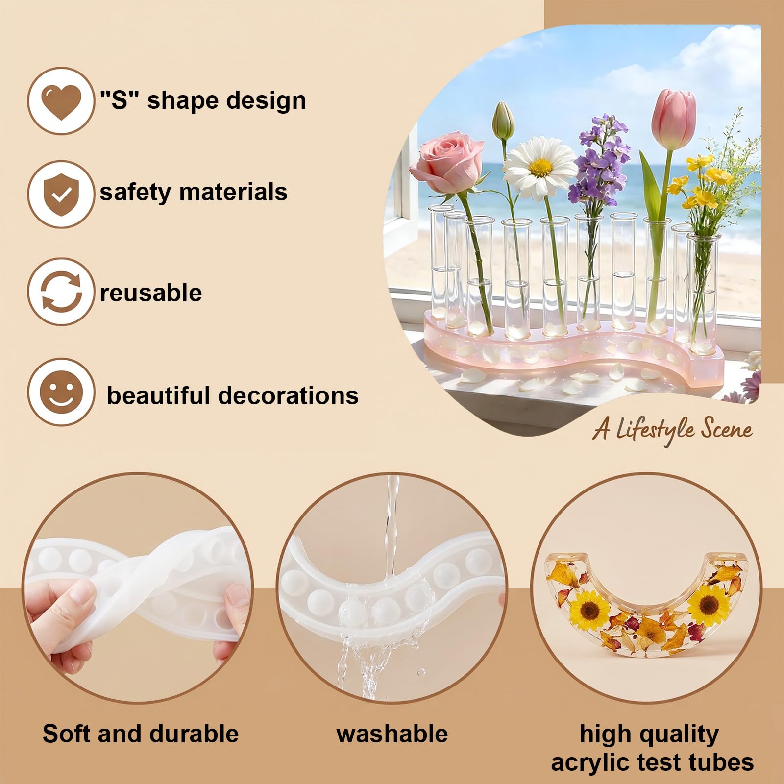 Vase-Epoxidharz-Formen, Silikonformen, Gießformen mit 8 Reagenzgläsern und Topfbürste, S-förmige Silikonform, Blumenhalter-Gießformen, Silikon-Vase DIY handgemachte Geschenke Epoxidharz-Silikonformen