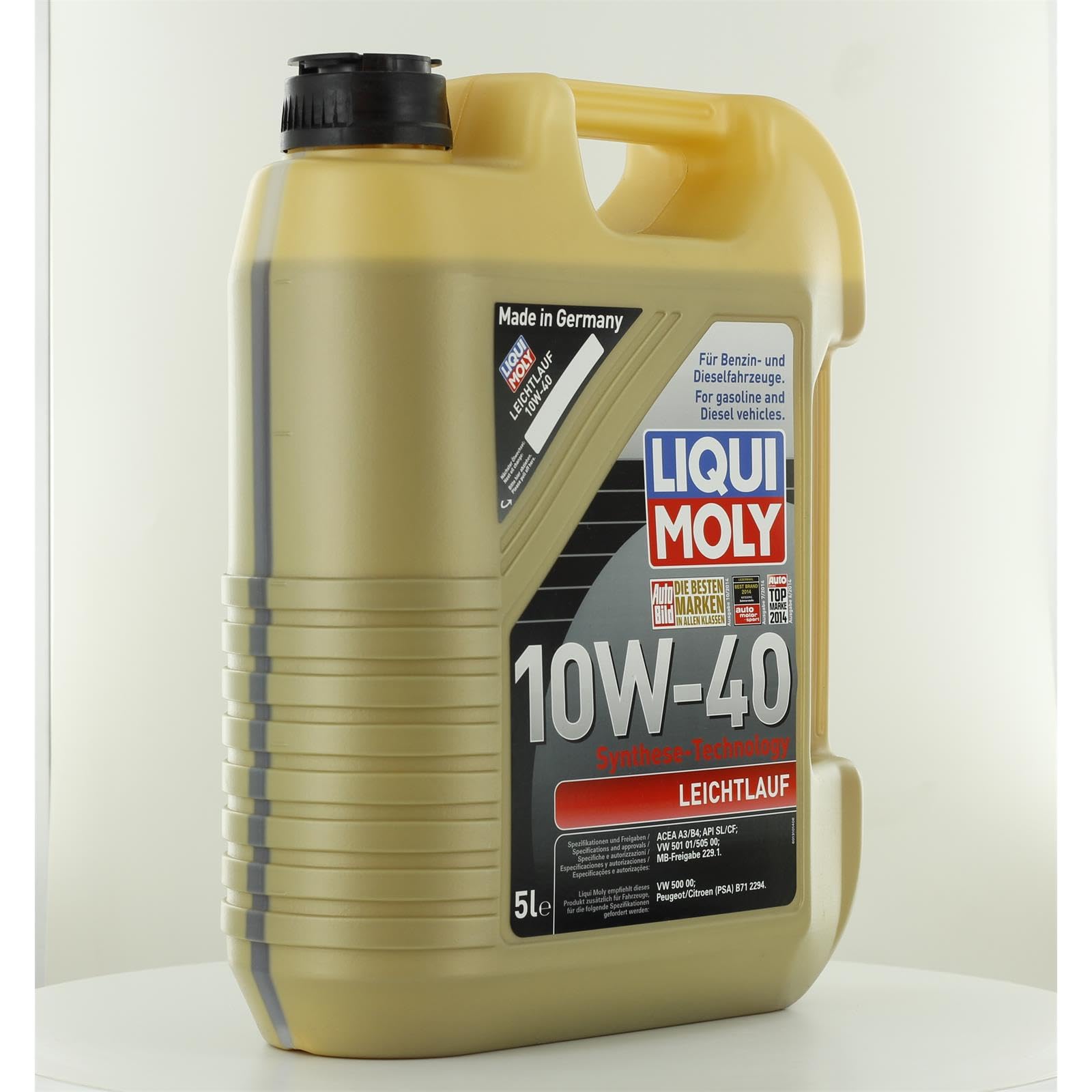 LIQUI MOLY Huile moteur Leichtlauf 10W-40 Huile en partie synthétique huile ACEA A3/B4 API SP 5 L Compatible avec VW Golf 4 3/5 portes 1J1 Golf 5 3/5 portes 1K1 Polo IV 3/5 portes 9N, 9A, SEAT, AUDI