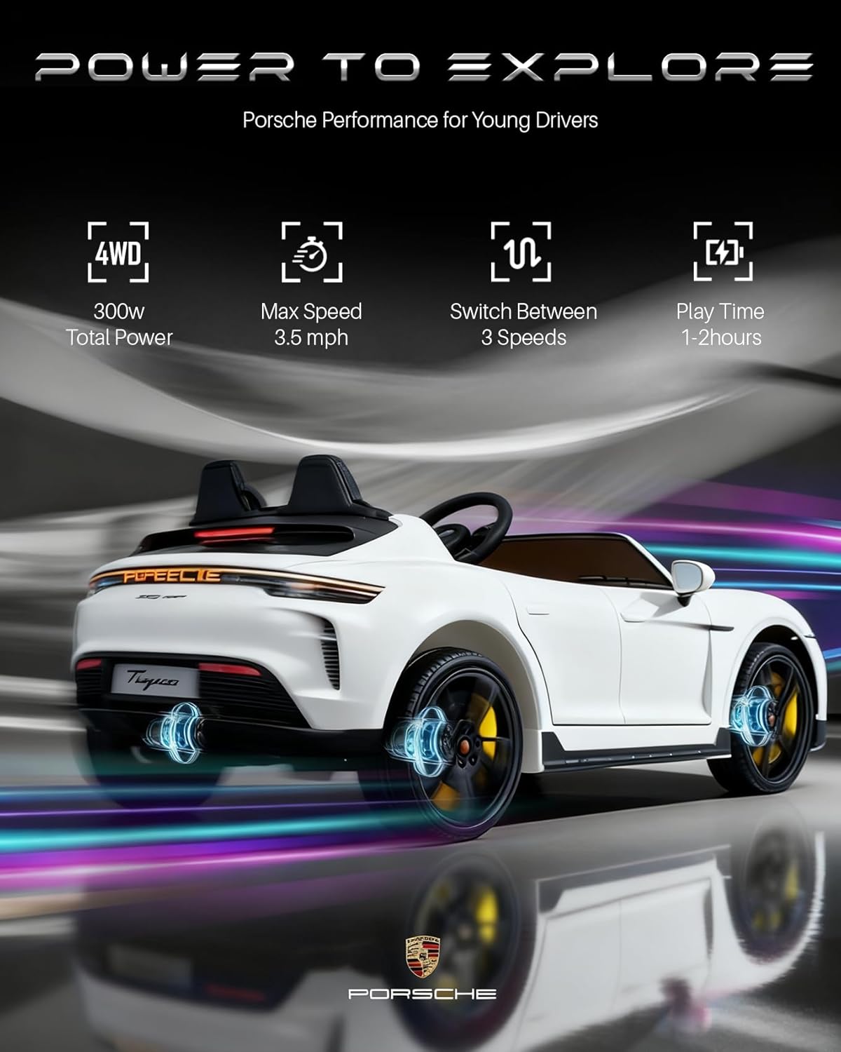 Joywhale 24V Porsche Licensed Kids Ride On Car, 2-Seater Electric Vehicle with Remote Control, 3 Speed Modes, LED Headlights, Bluetooth Music Player and 2WD, White
