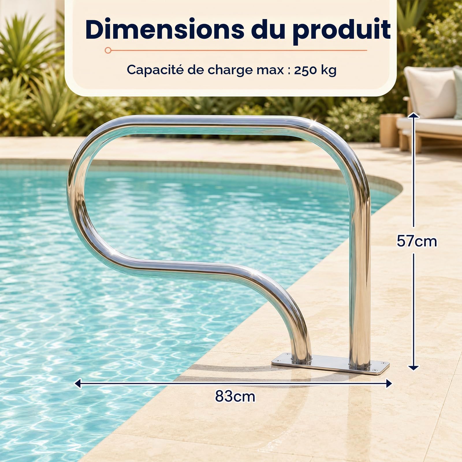 HOMASIS Main Courante Piscine, Rampe Piscine en Acier Inoxydable，1：83x57cm