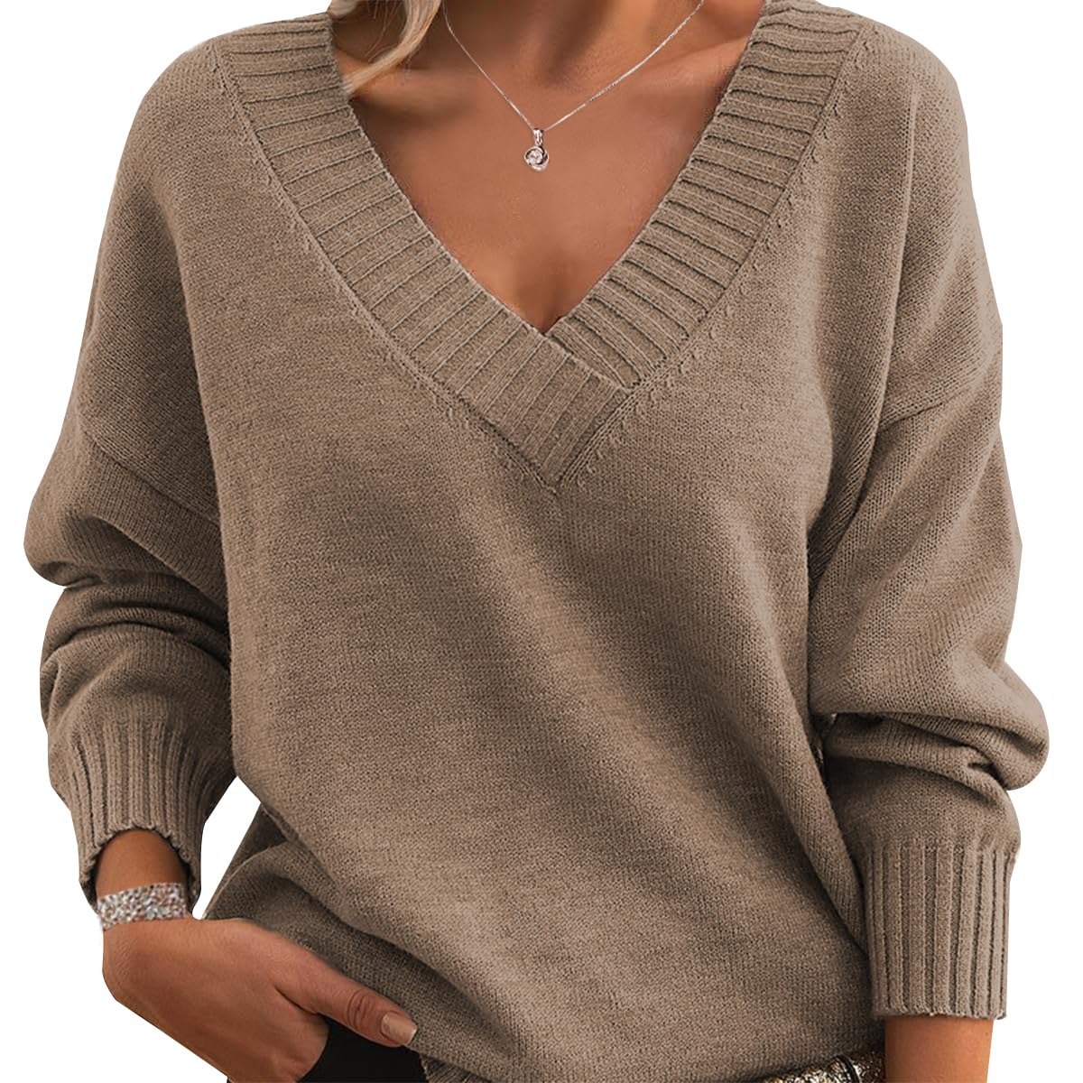 Womens 2024 Fall Knit Sweater Long Sleeve Tops Trendy Casual Loose Outfits V Neck Oversized Pullover Sweaters
