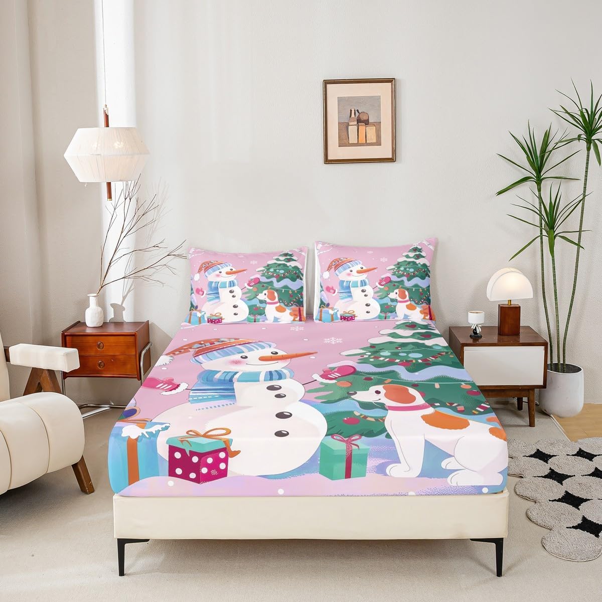 Feelyou Merry Christmas Bed Sheets Set Queen Size Kawaii Dog Deep Pocket Fitted Sheet Funny Snowman Bedding Sets Xmas Theme Soft Bed Set 4Pcs with 2 Pillow Cases
