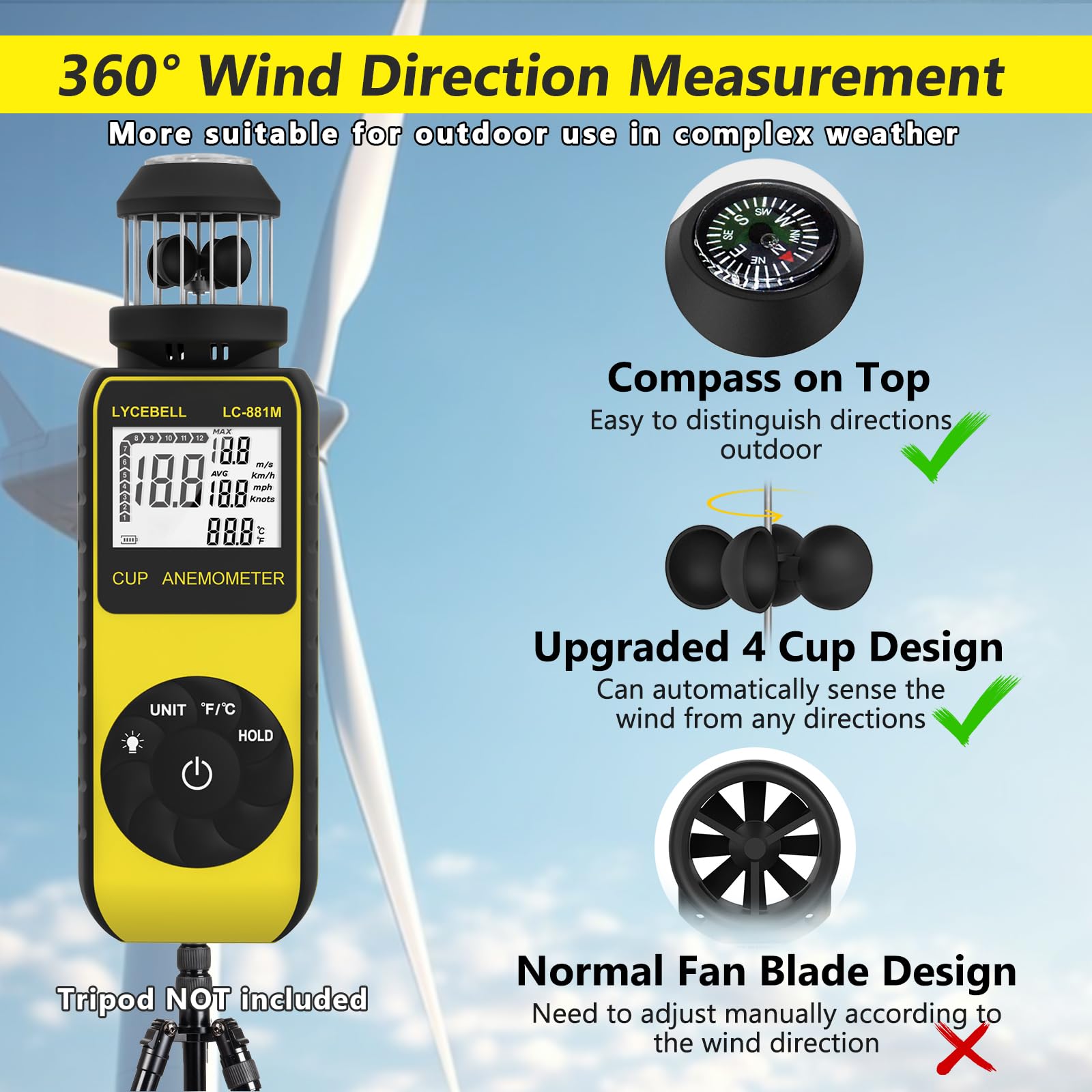 Anemometro portatile 881M, misuratore del vento digitale 0,7-42 m/s, misurazione della velocità del vento e della temperatura a 360°, con bussola, per HVAC, surf, vela, drone