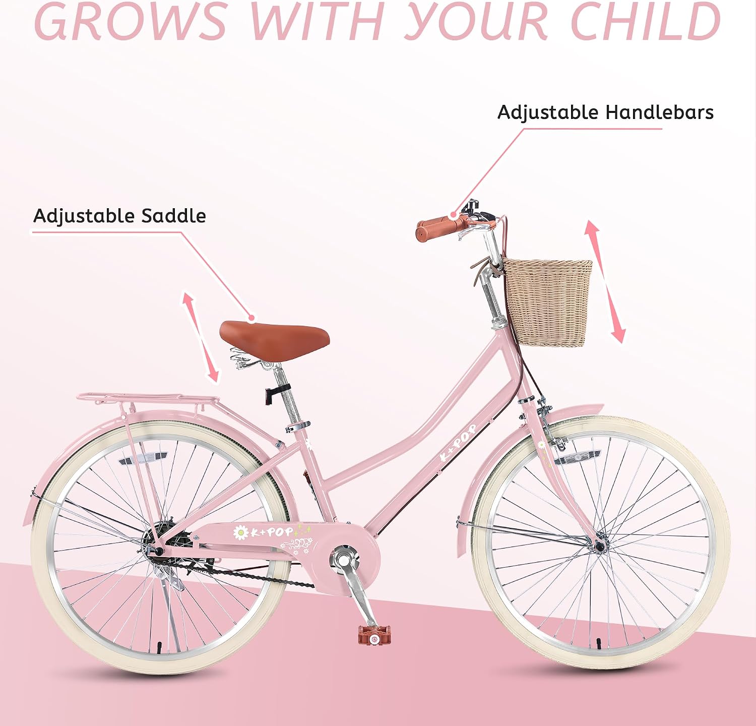 Girls 16 20 24 Inch Bike Kids Bicycle with Basket, Girls Bikes Ages Over 4 Years Old, Single Speed Kids' Bicycles with Front and Rear Brakes, 16 Inch Kid Bike with Training Wheels, Kickstand