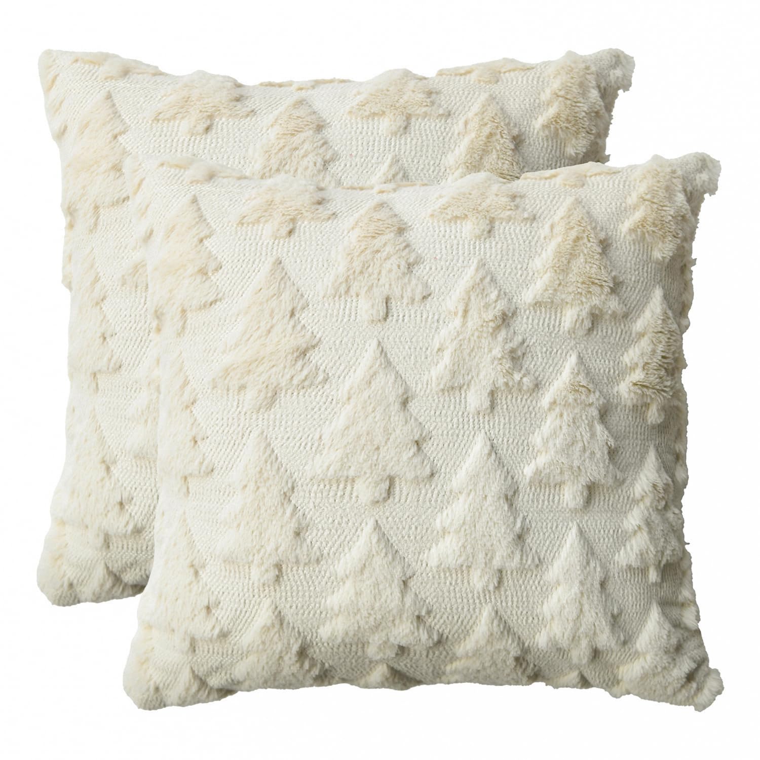 Artoid Mode Beige Trees Christmas Cushion Covers Set of 2, 40x40 cm Winter Xmas Soft Plush Faux Fur Jacquard Decorative Pillow Case Cover Sofa Decor