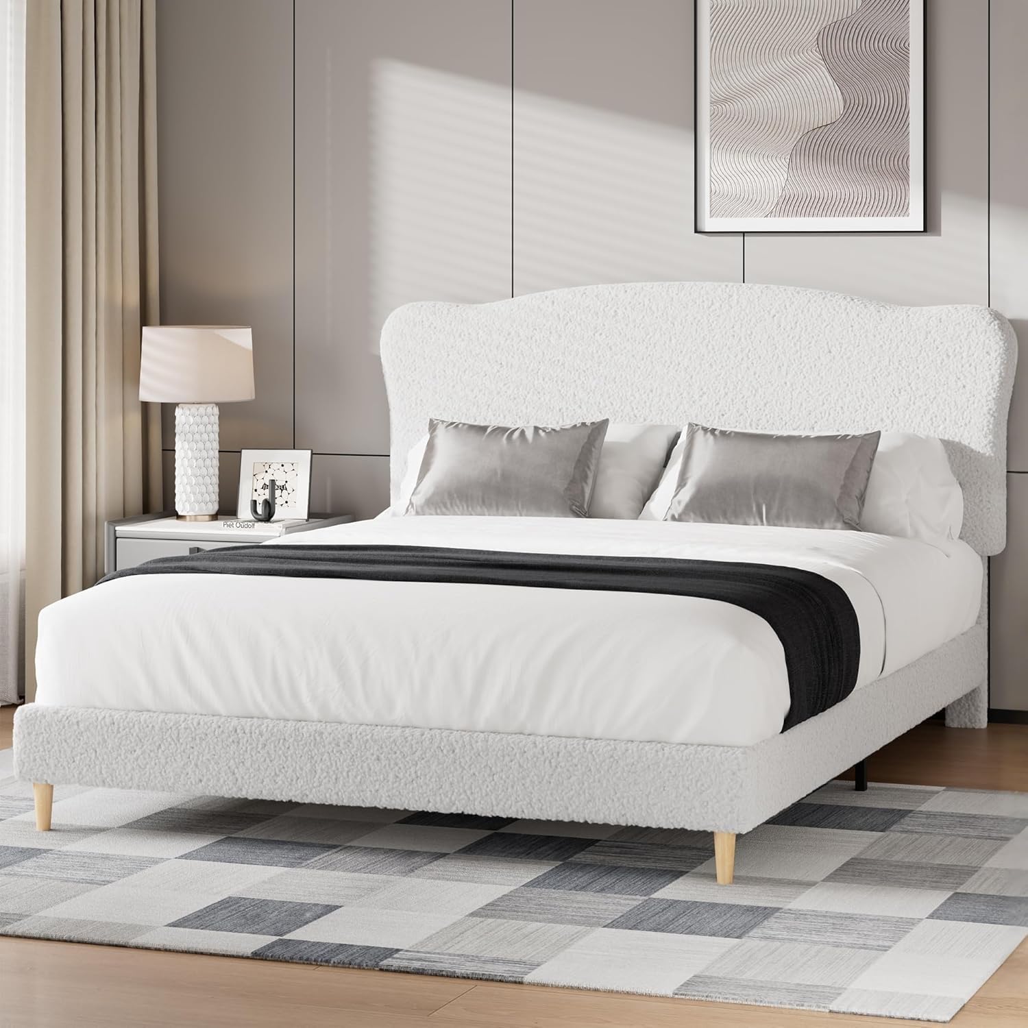 Double Bed Frame, 135x190cm Upholstered Bed with Velvet Adjustable Petal Wave Headboard & Slatted Wooden Bed Base, No Box Spring Needed Modern Minimalist Platform Bed, Noise Free, Easy Assembly - Whit