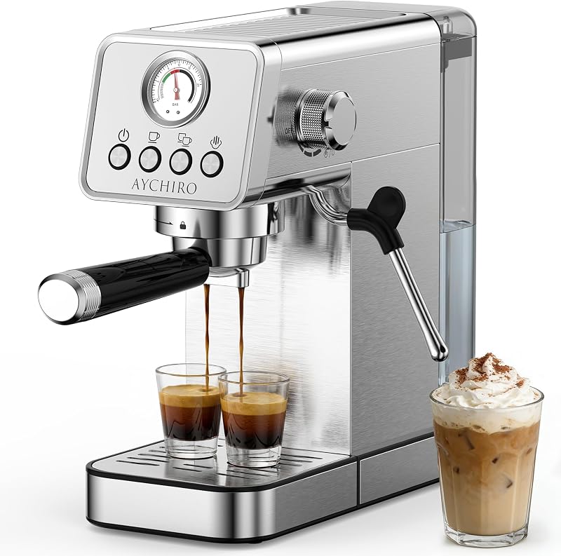 AYCHIRO 20 Bar Espresso Machine with Pressure Gauge, Compact Semi-Automatic Espresso Maker with Steam Wand, 1350W Fast Heating Coffee Machine with Removable 37oz Water Tank for Home Office