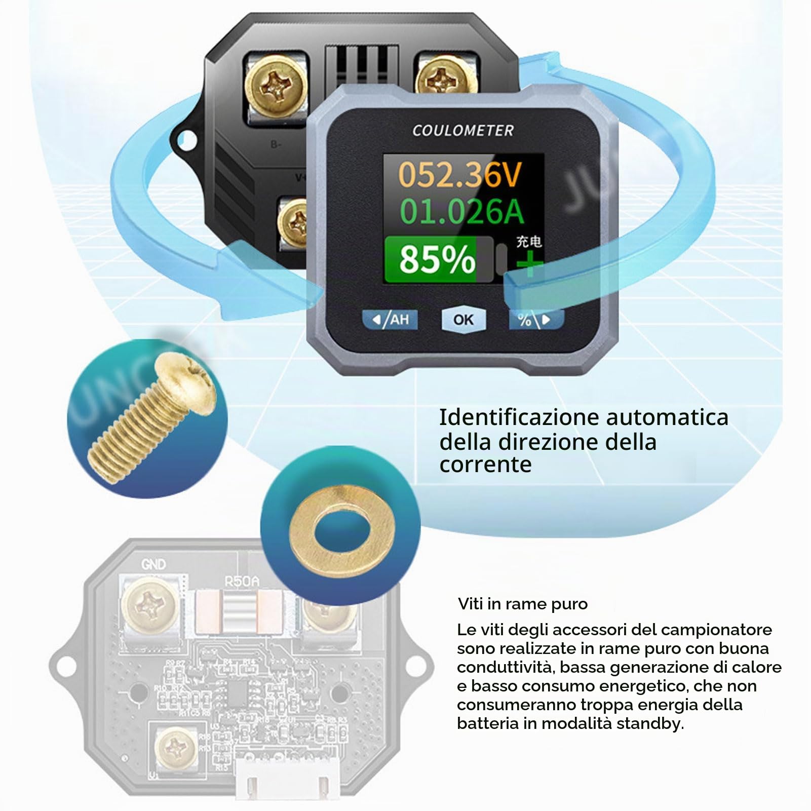 Monitor Batteria con Shunt, Display LCD 1,8 Pollici Voltmetro Amperometro Bluetooth, per Acido 10-100 V 50 A, Batteria Lifepo4 e Al Litio, Moto, Carrello