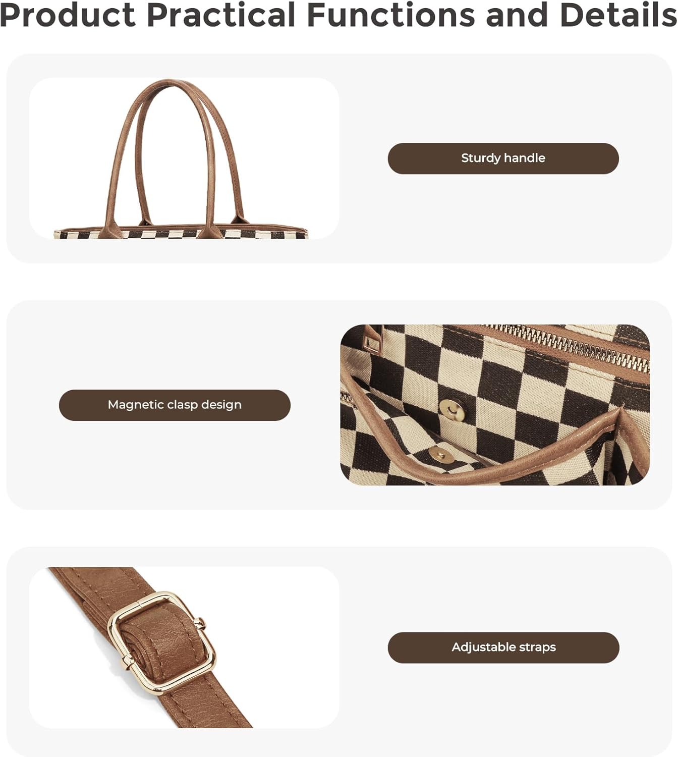 Checkered Tote Bags for Women Large Crossbody Tote Handbag with Zipper Trendy Shoulder Purse for Work Daily - Image 4