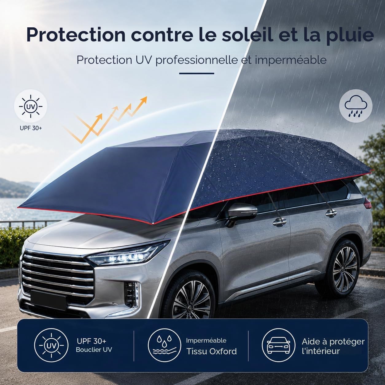 Tente de parasol semi-automatique pour voiture avec UPF 30+, imperméable, universelle, protection solaire, protection contre les intempéries, pour l'extérieur, voyage, portable, pliable
