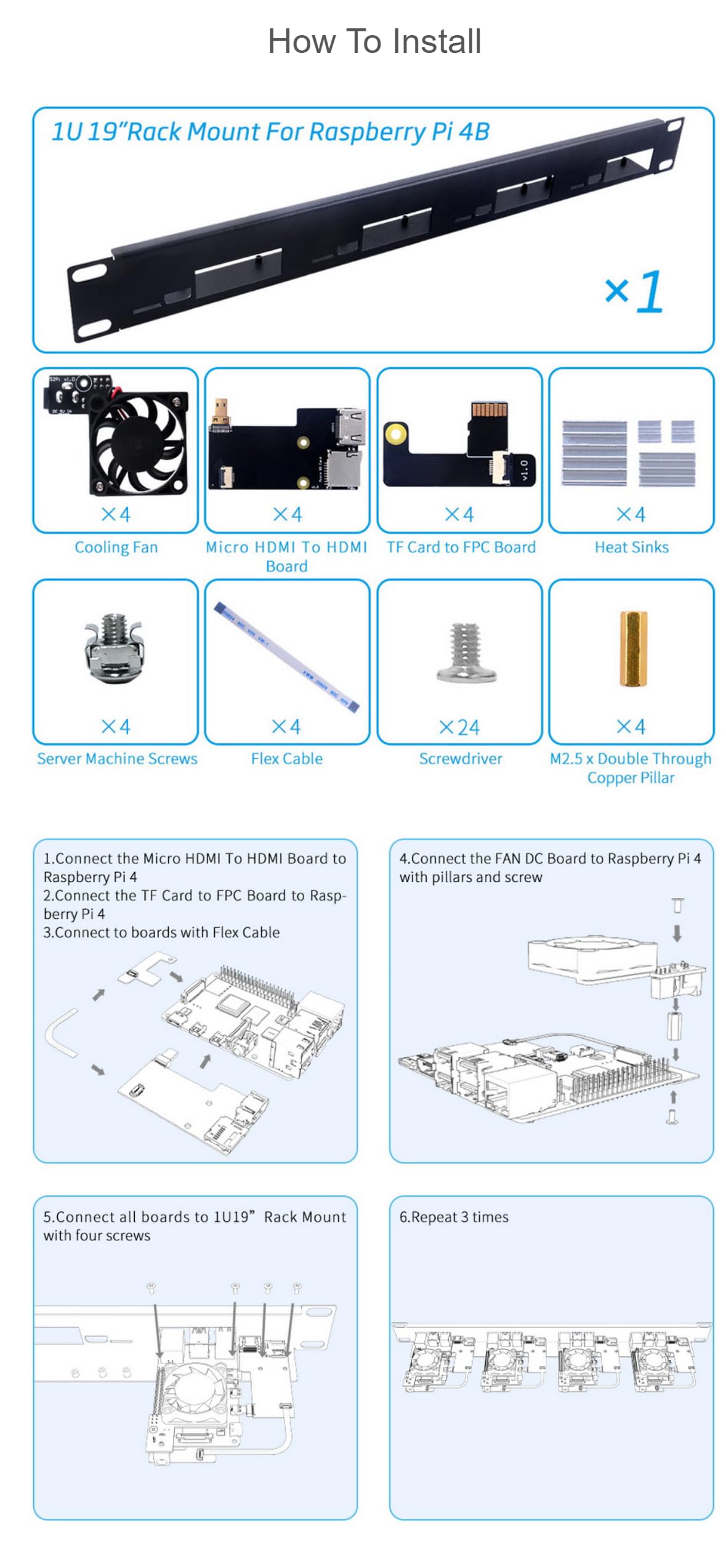 Kit rack 1U compatibile con scheda Raspberry Pi 4B Montaggio a rack da 19 ″ Supporta fino a 4 unità Ottimizzazione dello spazio di lavoro