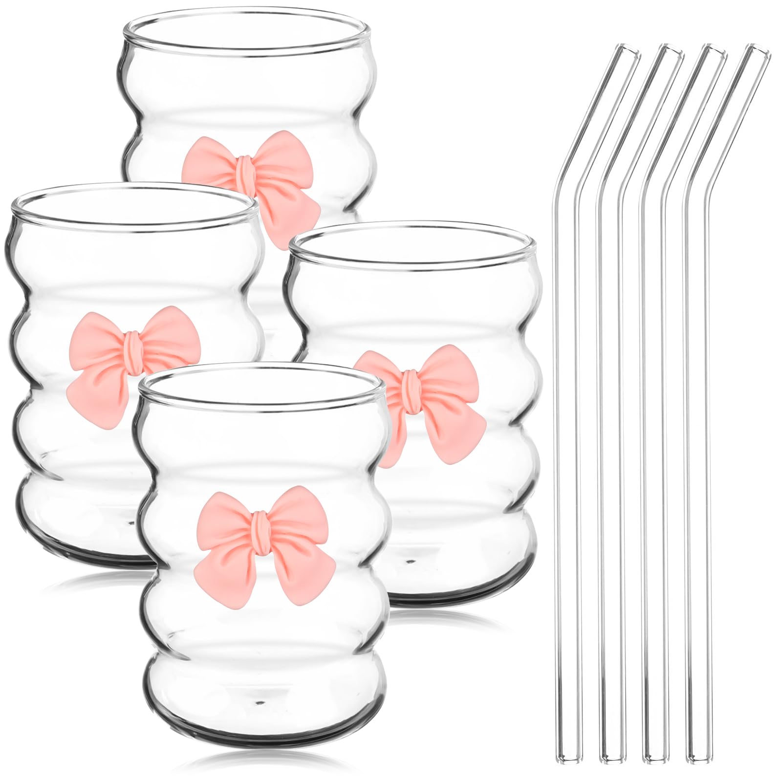 4 Pack 12 OZ Pink Bow Glass Cup with Straws Iced Coffee Cups Ripple Glass Drinking Tea Juice Cup Water Glasses Tumblers Bows Inspired Coquette Wave Shape Cute Mugs for Women Christmas Birthday Gift