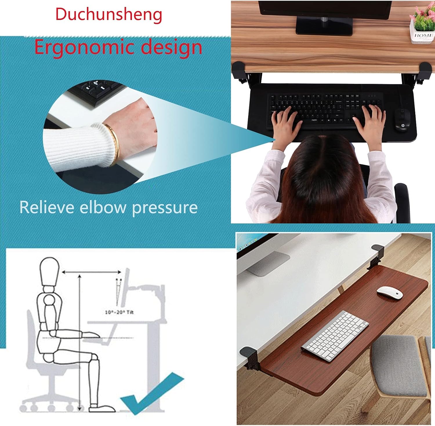 調節可能なキーボードトレイ - デスク拡張用の格納式キーボード プラットフォーム、手首サポート付きの多機能収納ラック、デスク下のキー