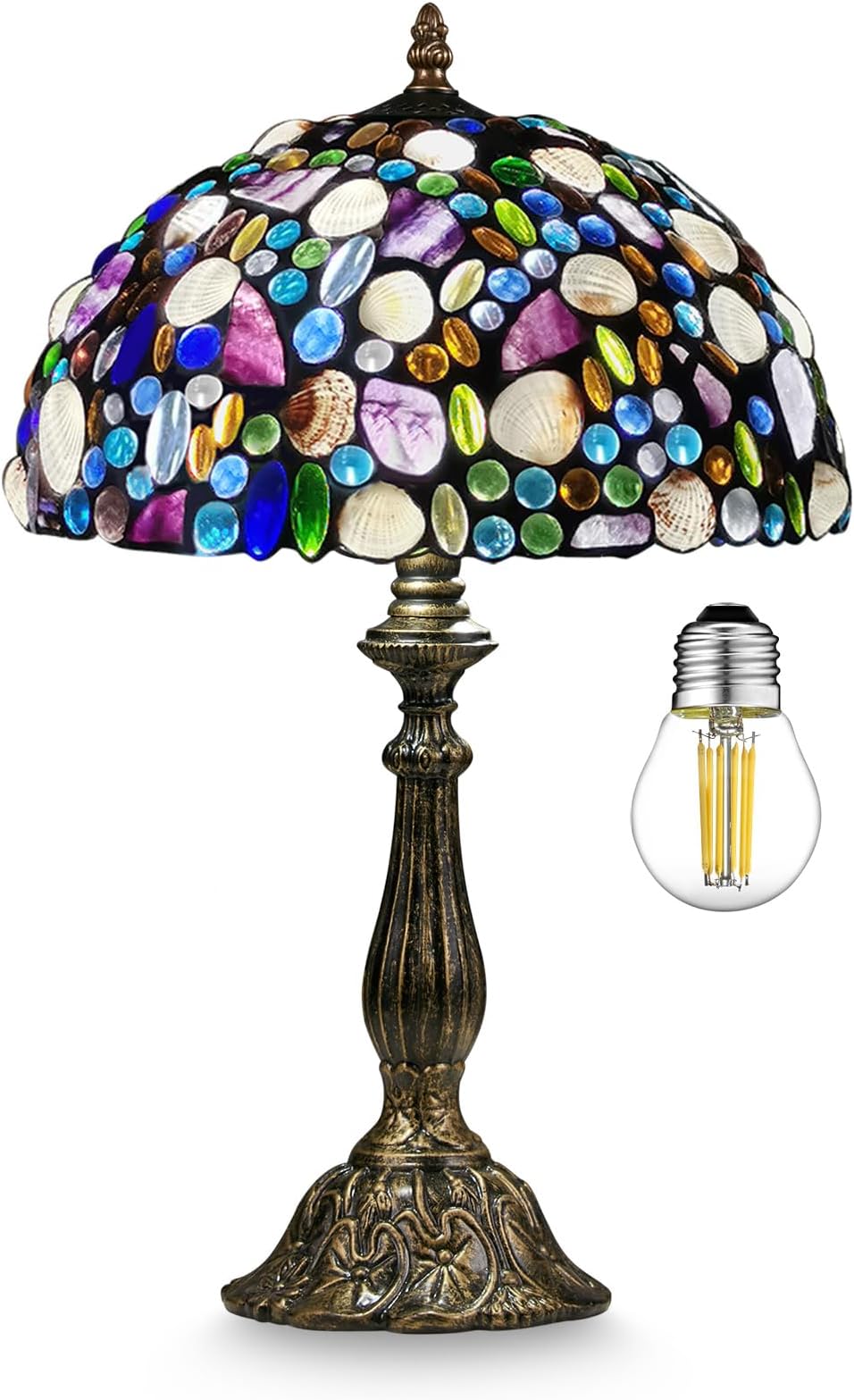 Tiffany Table Lamp,Stained Glass Lamp with Natural Shell and Amethyst,12" Vintage 1-Light Handmade Tiffany Style Lamp,Tiffany Bedside Lamp for Bedroom Living Room Office