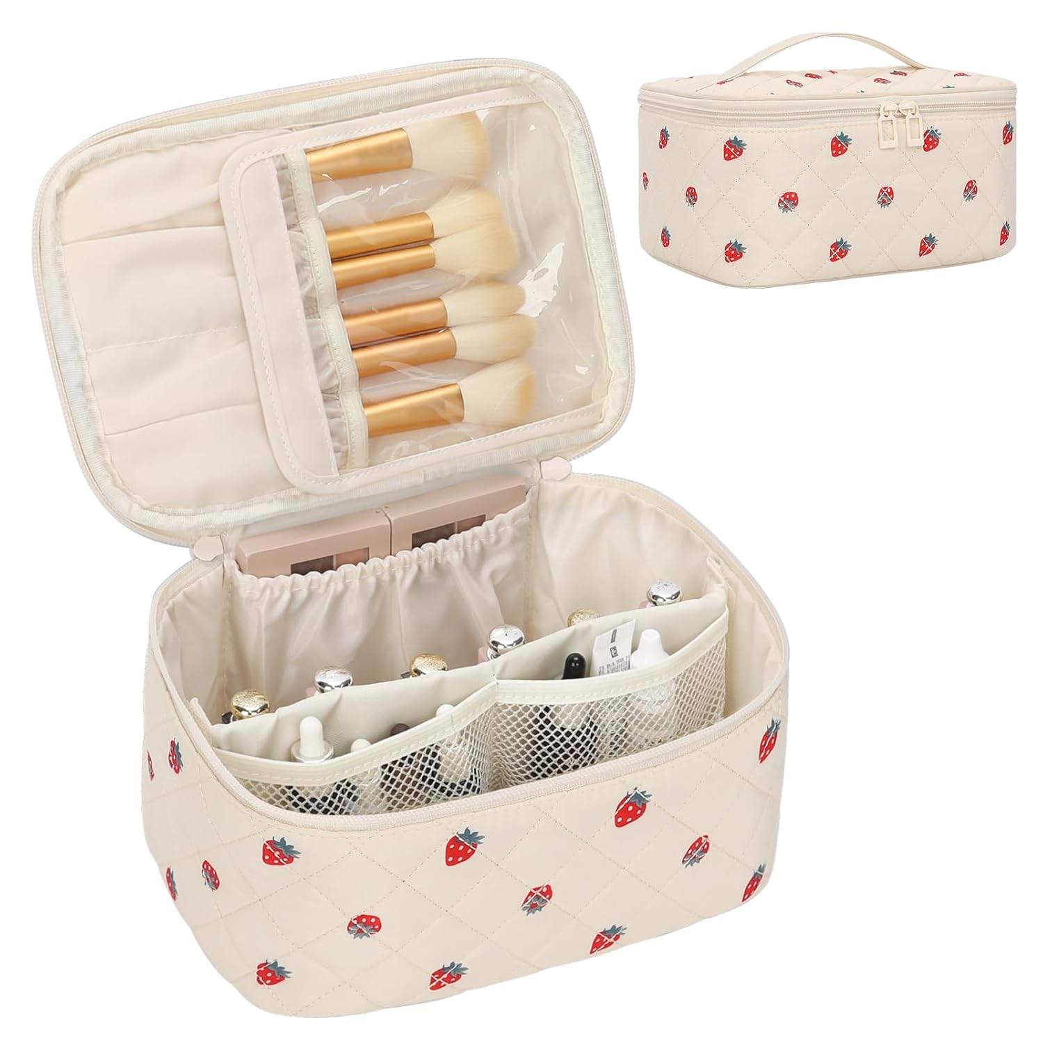 OCHEAL Makeup Bag,Travel Makeup Organizer Bag, Large Capacity Cosmetic Bags For Women Large Travel Toiletry Bag Girls Traveling With Brush Slot And Divider-Strawberry - Image 9