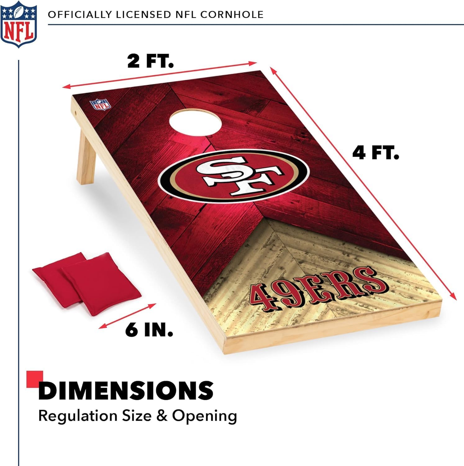 Wild Sports NFL San Francisco 49ers 2' x 4' Regulation Size Solid Wood Cornhole Set with Direct Print HD Team Graphics