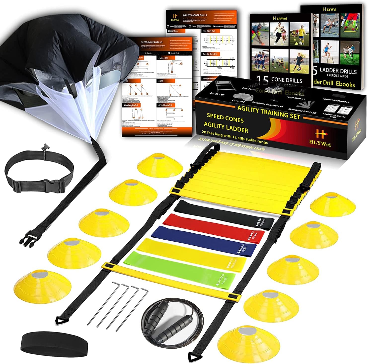 Agility Ladder Speed Training Equipment & Agility Training Set of Premium Agility Ladder, 10 Disc Cones, Drill Manual And Gym Carry Bag  - Football, Soccer, Basketball, Training Athletes Yellow : Sports & Outdoors