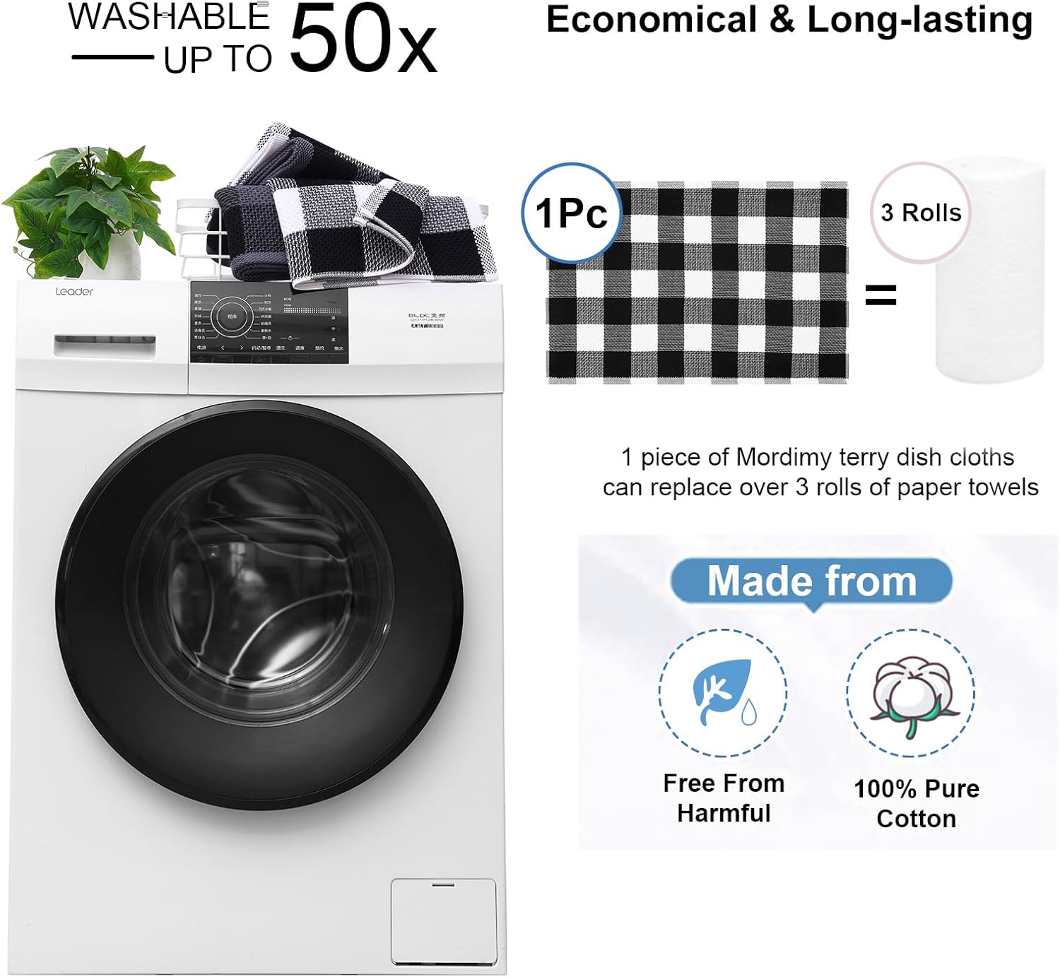 Mordimy 100% Cotton Waffle Weave Kitchen Towels, 20 x 28 Inches, Super Soft and Absorbent Buffalo Check Large Dish Towels for Drying Dishes, 4-Pack, Black & White