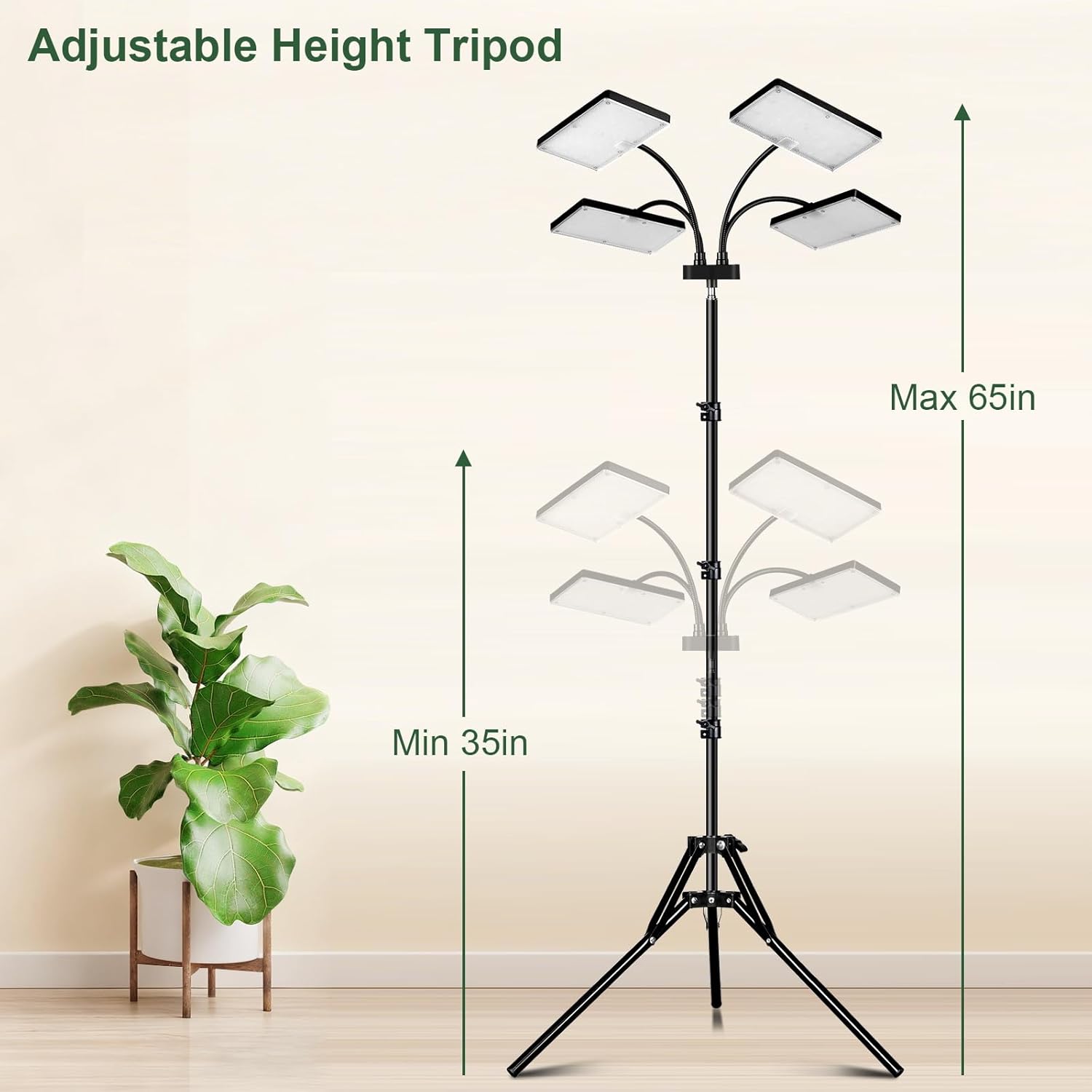 LBW Grow Light for Indoor Plants, Quad-Head Standing Plant Light, Full Spectrum, Wide Coverage, 63” Adjustable Height, Plug & Play