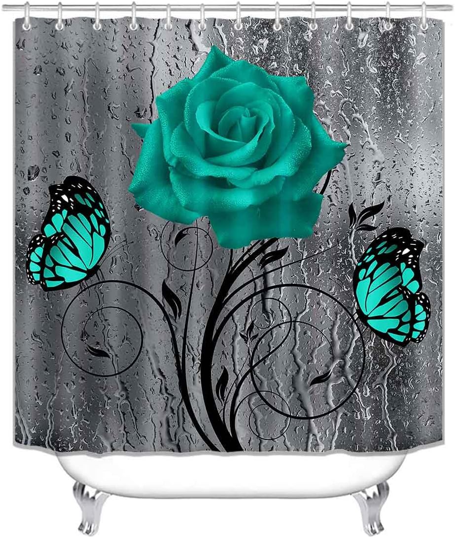 OLEBETY 4PCS Teal Rose Flower Shower Curtain Set, Waterproof Fabric Grey Shower Curtain, Non-Slip Bath Mat Bathroom Rugs, Turquoise Floral Black Plant Modern Bathroom Decor, Butterfly Gifts for Women