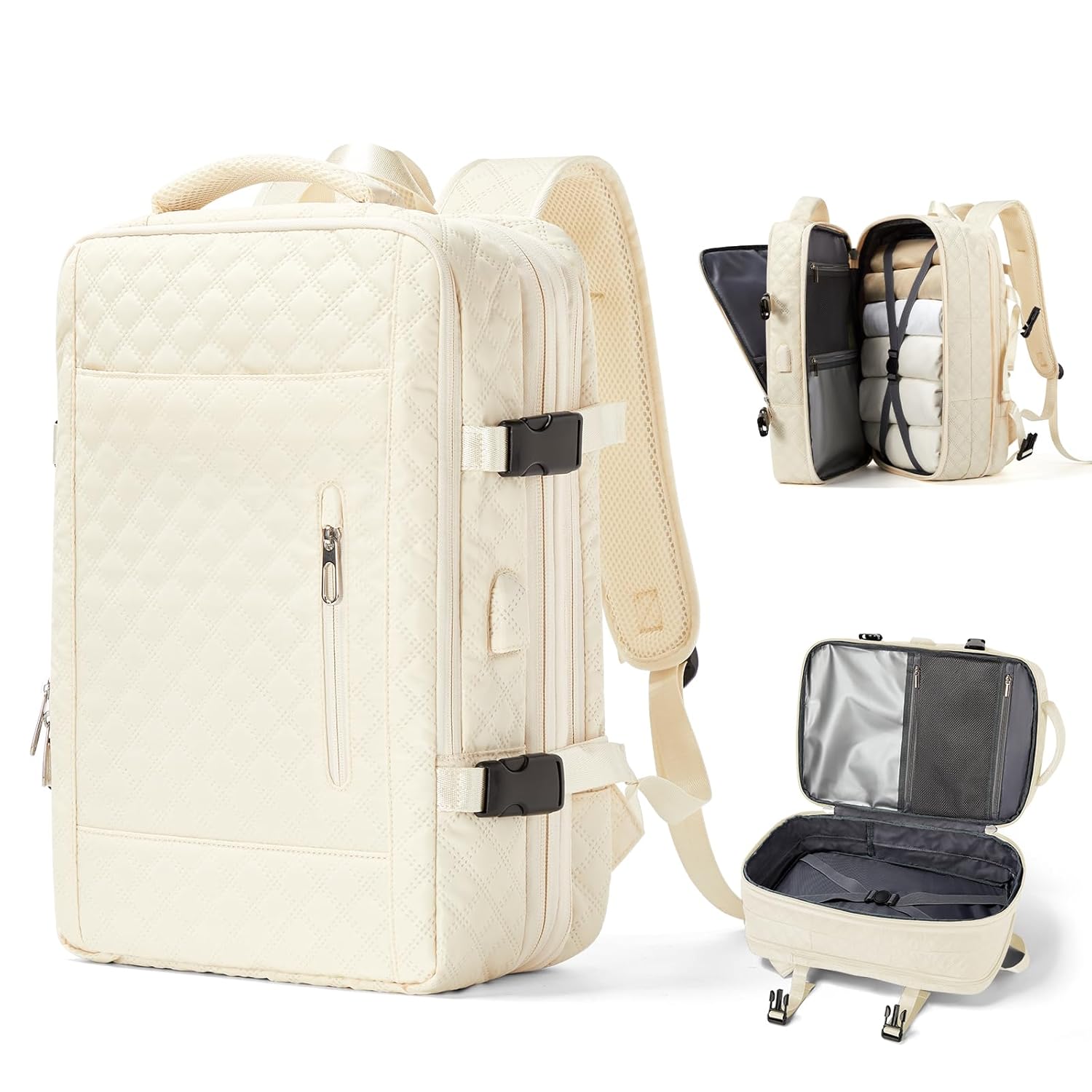 Mochila de viagem grande para mulheres e homens, aprovada como bagagem de mão para avião, tamanho de item pessoal, mochila de trabalho e viagem com compartimento para sapatos, bege