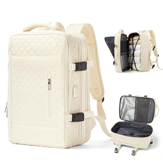 Mochila de viagem grande para mulheres e homens, aprovada como bagagem de mão para avião, tamanho de item pessoal, mochila de trabalho e viagem com compartimento para sapatos, bege