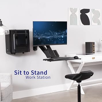 VIVO Premium Black Single Monitor and Keyboard Counterbalance Sit-Stand Wall Mount and CPU Holder, Ergonomic Standing Transition Workstation STAND-SIT1WD