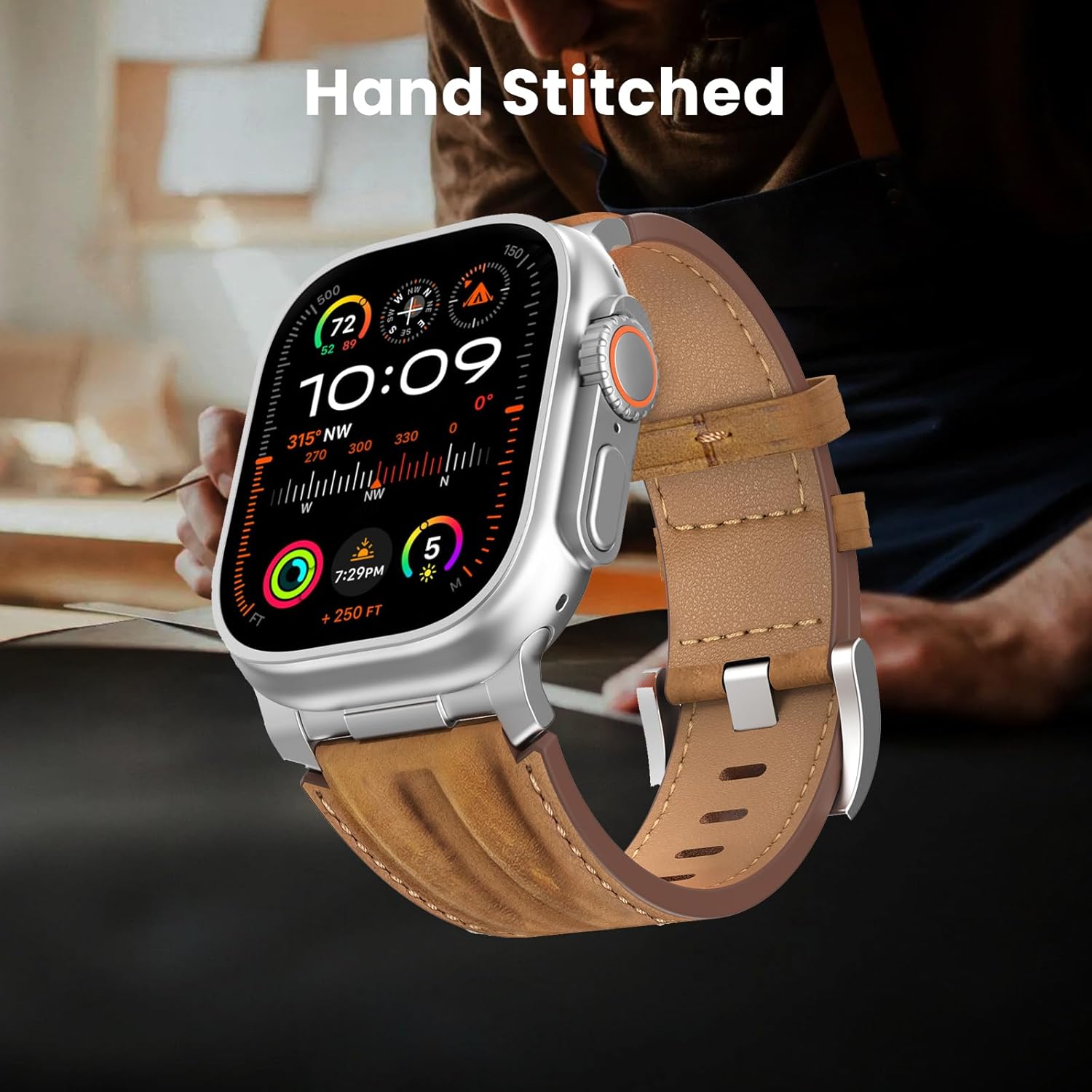 Top Grain Genuine Leather Compatible with Apple Watch Ultra 3 Band 49mm 46mm 45mm 44mm 42mm, Rugged Metal Connector Band Strap for Women Men iWatch Ultra 2/1 Series 11 10 9 8 7 6 5 4 3 SE - Image 4