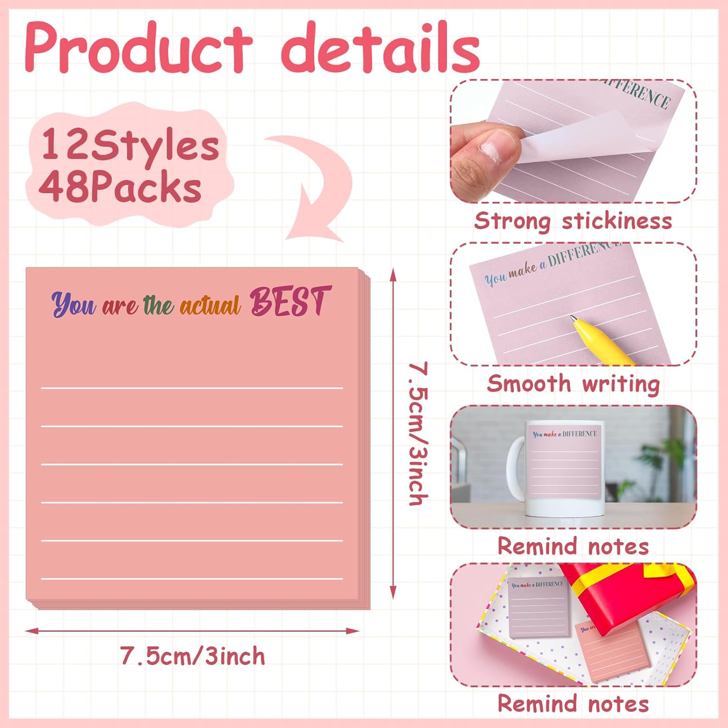 Yinder 48 Pcs Inspirational Sticky Notes Cute Motivational Sticky Notes Pad End of Year Employee Appreciation Gifts Bulk for Teacher Nurse Coworkers Office Supplies 3 x 3'' (Appreciation,Aesthetics)
