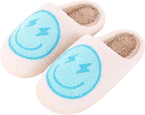 Pantuflas Retro con Rayo y Cara Sonriente, de Felpa Suave, Cómodas y Cálidas, de Forro Polar para Mujer