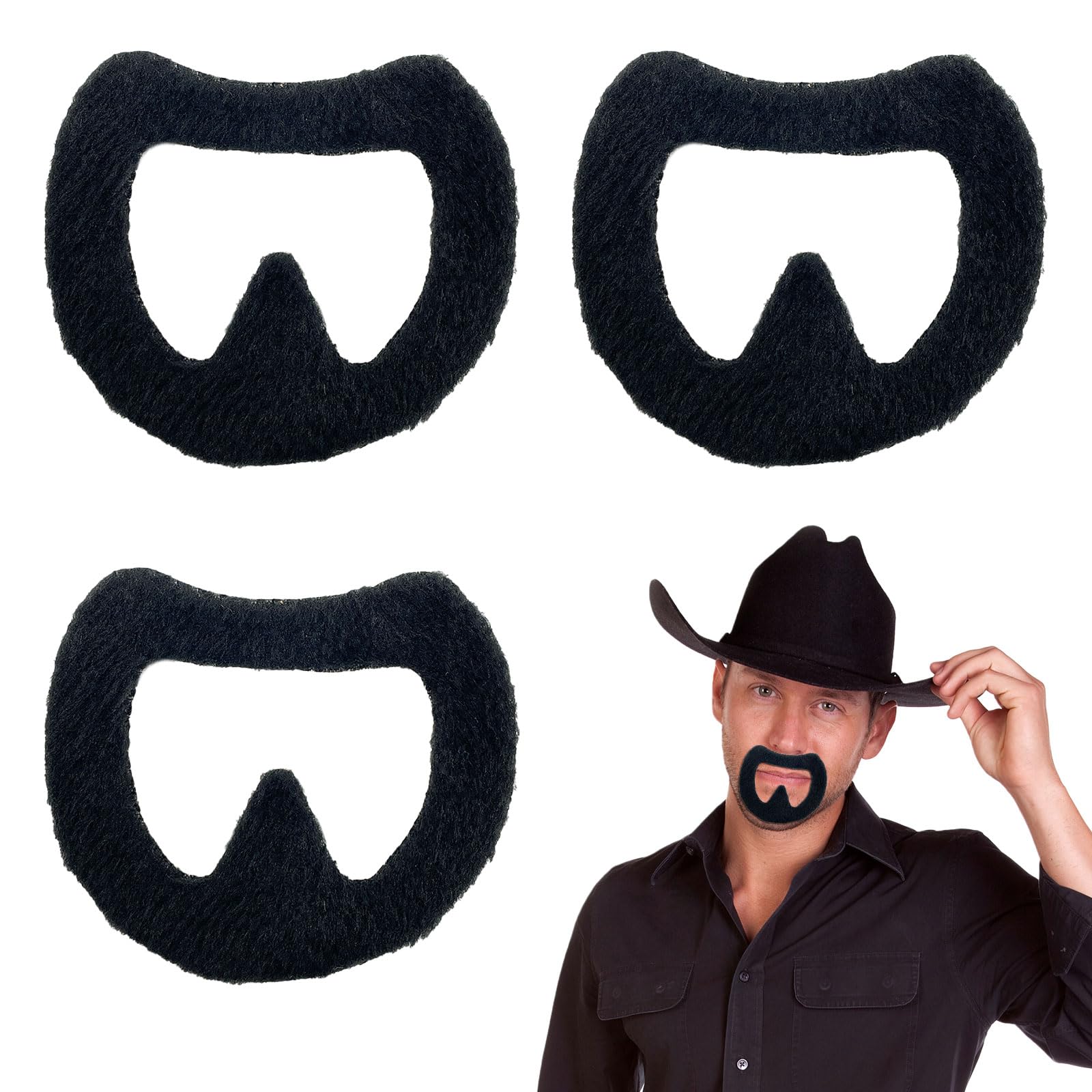 FUIPVGI 3 Pcs Fake Goatee Beard, Self Adhesive Realistic Novelty Fancy Dress Moustache, False Facial Hair Gangster Fancy Dress Costume Accessory for Halloween, Cosplay, Parties Masquerade (Black)