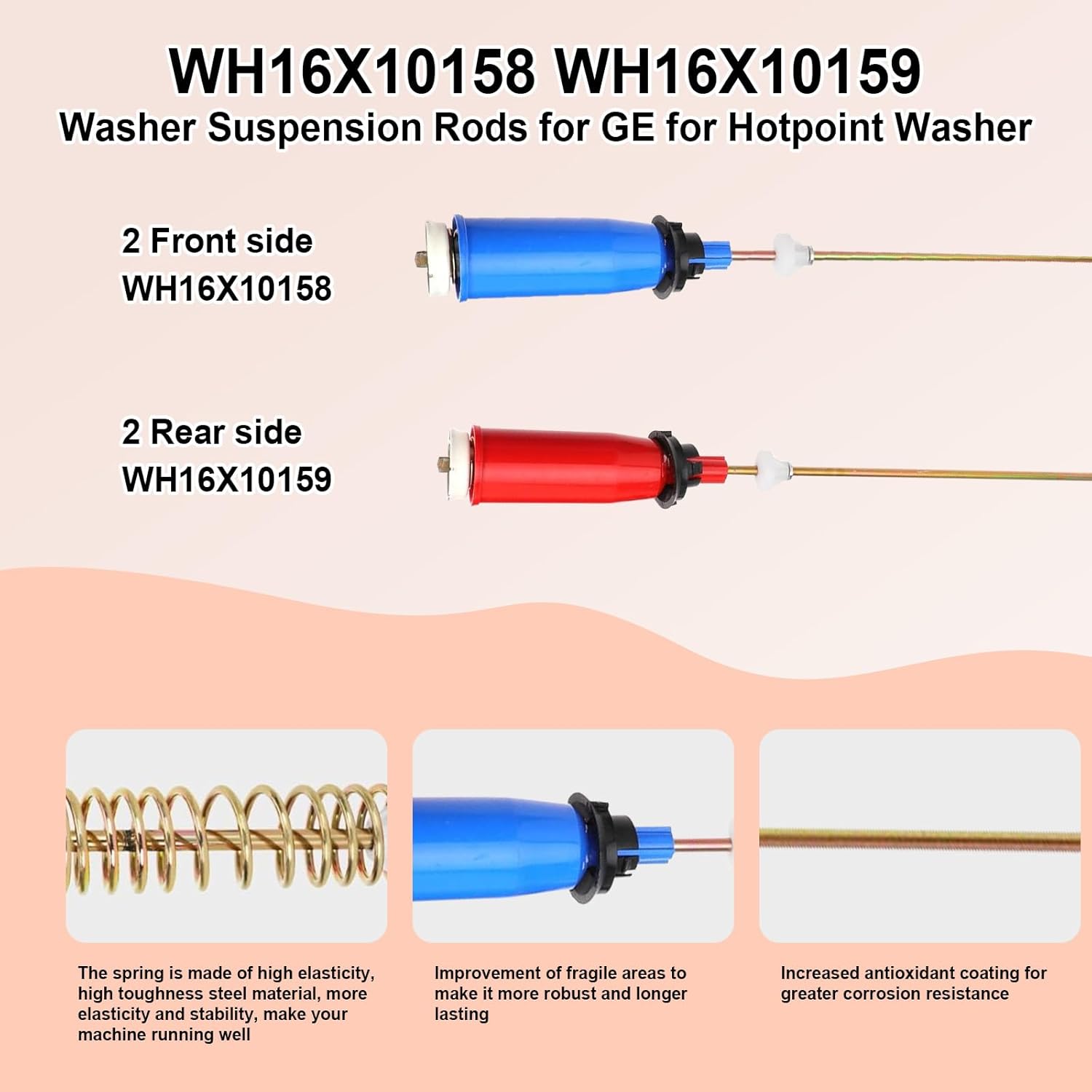 WH16X10158 WH16X10159 4Pcs Washer Suspension Rod Kit Fit for GE Hotpoint Suspension Rod GTWN4250D0WS HSWP1000M4WW GCWP1800D1WW, Replace PS3654190 PS3654191 2754602 AP5632455