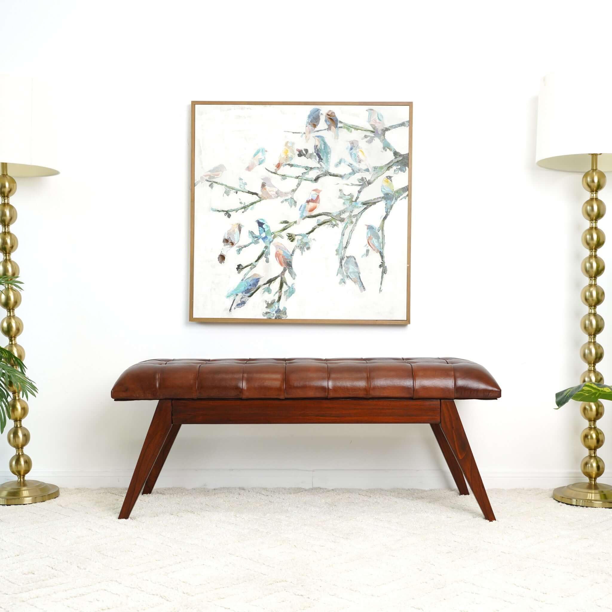 Mid Century Modern Tan Leather Bench