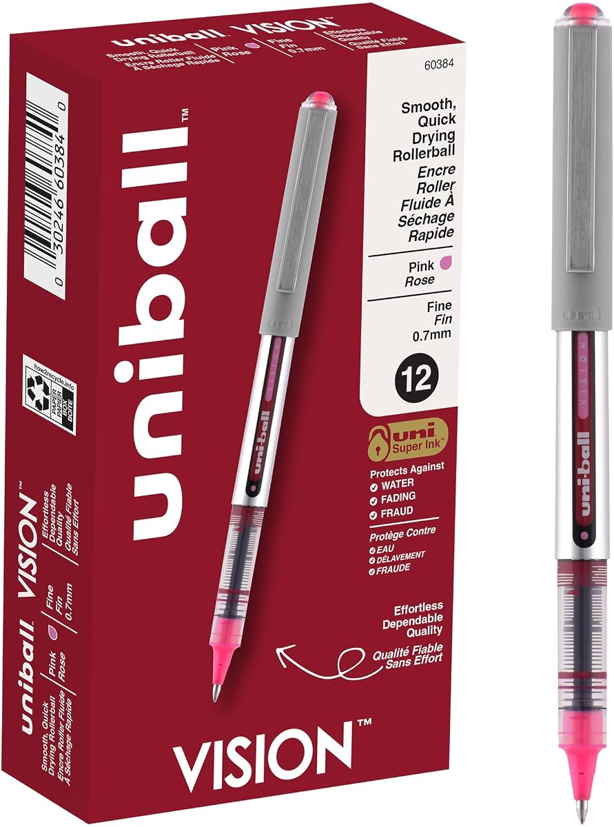 uniball Vision Designer Rollerball Pens, Fine Point (0.7mm), Pink, 12 Pack