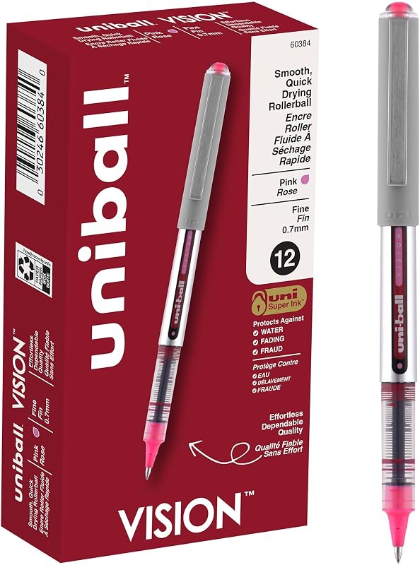 uniball Vision Designer Rollerball Pens, Fine Point (0.7mm), Pink, 12 Pack