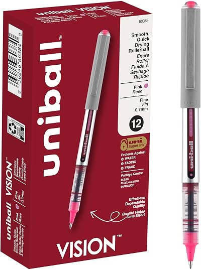 uni-ball Vision Rollerball Pens, Fine Point (0.7mm), Pink, 12 Count (60384)