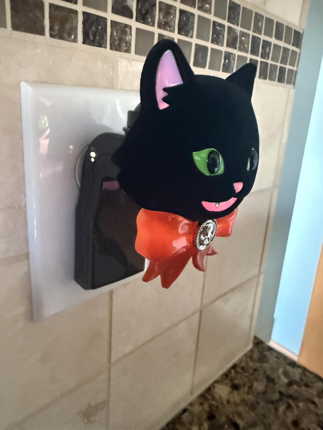 Bath and Body Black Spooky Kitty Cat with Green Eyes, an Orange Bow Adorned with a Silver Skull Adjustable Wallflowers Scent Control Fragrance Nightlight Plug
