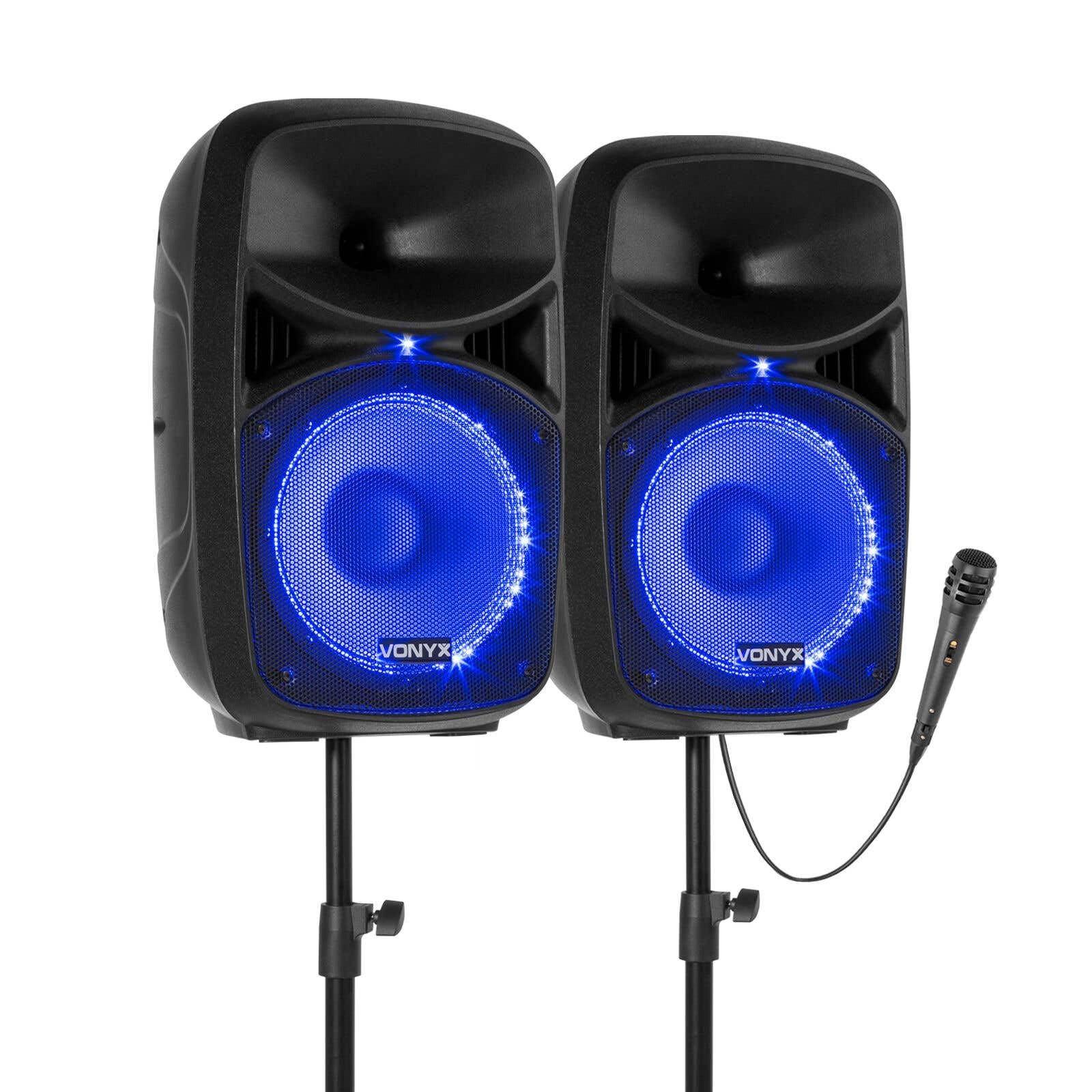 VONYX Pack Sono - Système de Sonorisation 400W avec 2 Enceintes Active et Passive et 2 Supports Réglables, Bluetooth, Idéal pour Les Soirées et Évènements