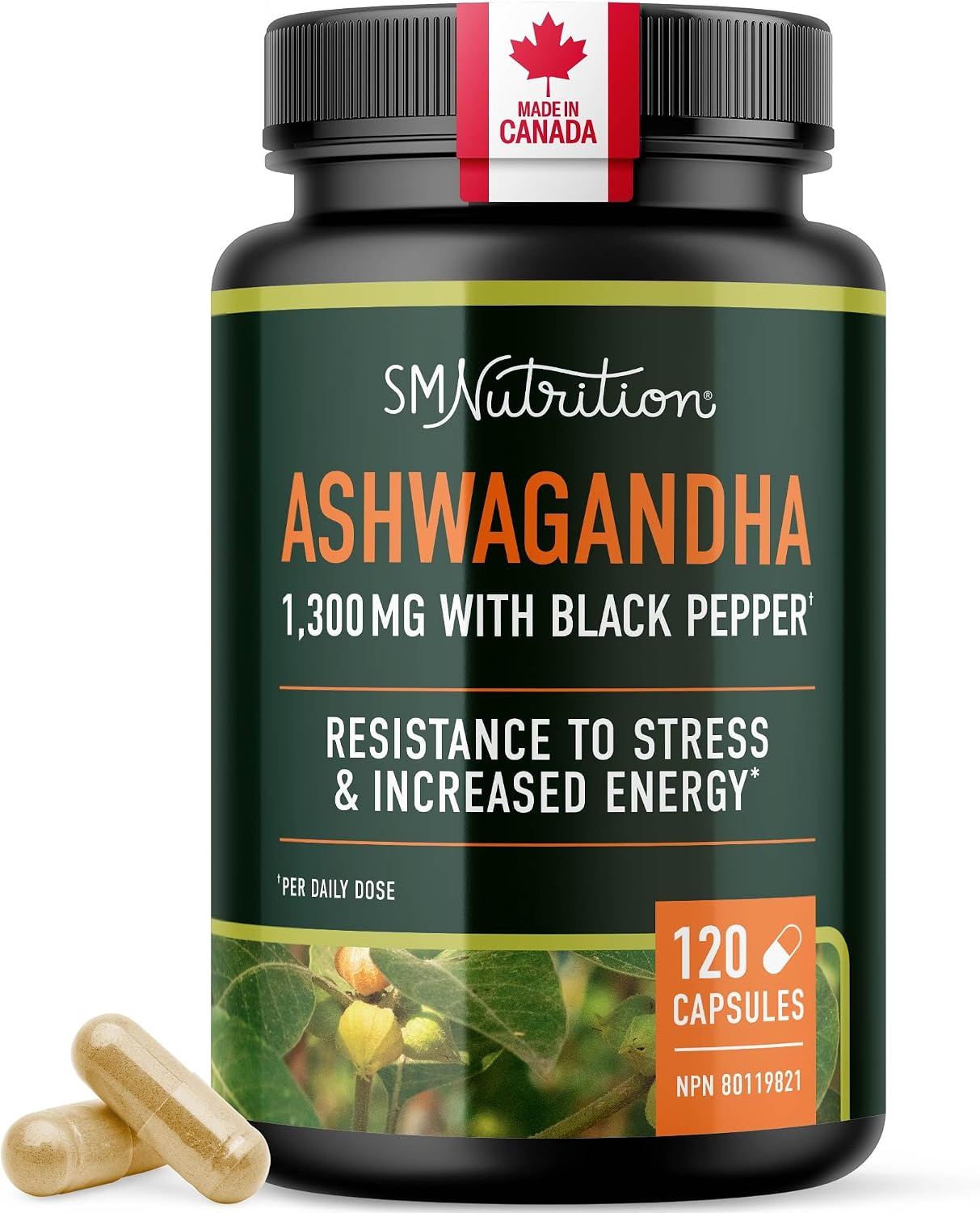 Ashwagandha Supplement 1300MG | High Strength Resistance to Stress & Increase Energy | Organic Ashwagandha Powder Capsules with Black Pepper for Absorption | Made in Canada | 120 Ct (2-Month Supply)