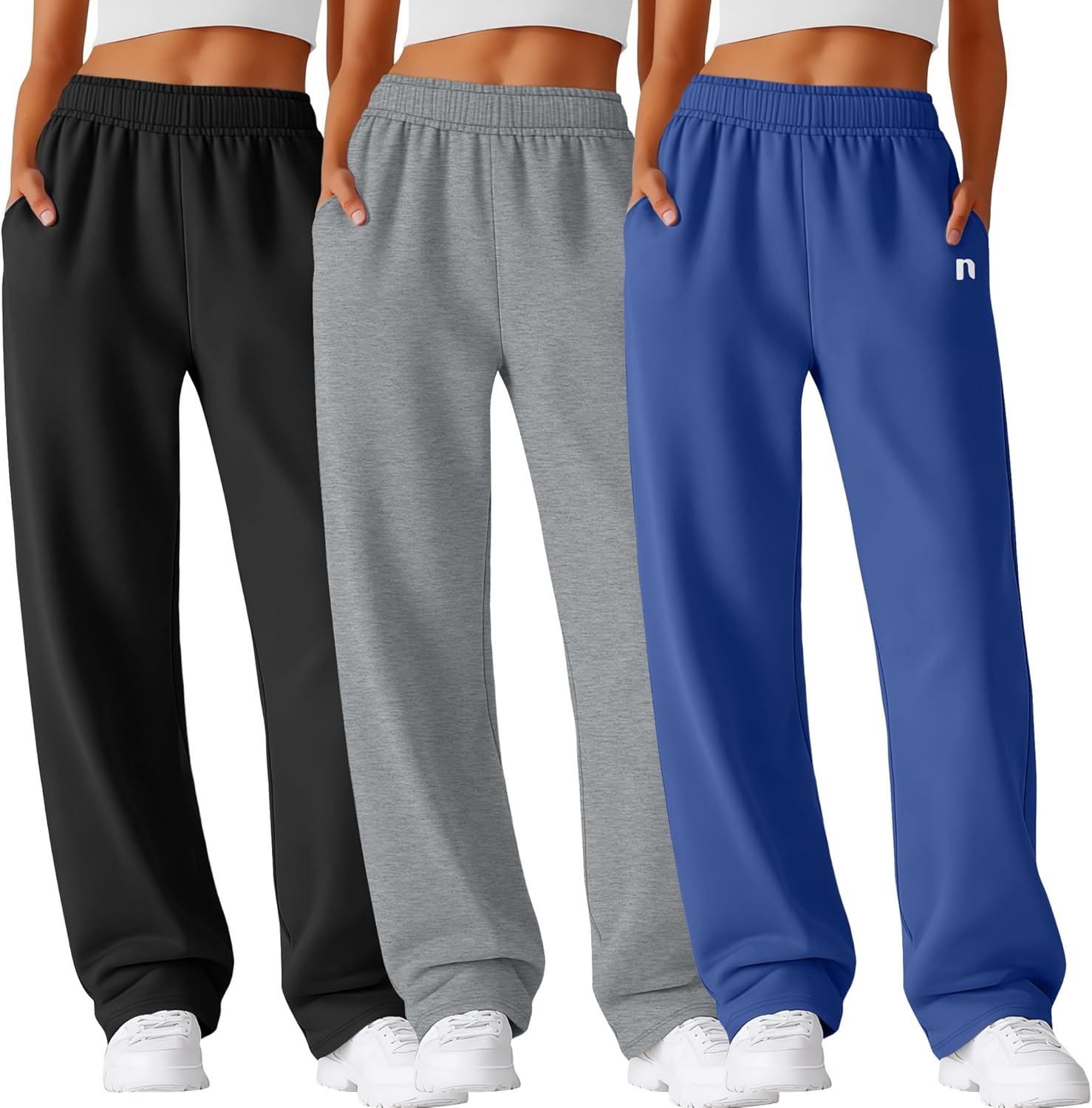 Neer 3 Pack Womens Wide Leg Sweatpants Lounge Athletic Joggers Elastic Waist Baggy Straight Leg Long Pants with Pockets(Black, Light Mixed Gray, Navy Blue,XX-Large)