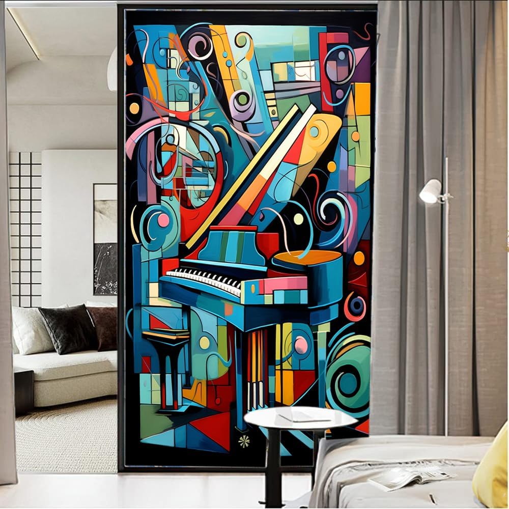 Abstract Music Piano Window Privacy Film Cartoon Musical Instruments Stained Glass Window Film Sun Blocking Heat Control Decorative Window Covering Film for Home Office 35.4Wx55.1L