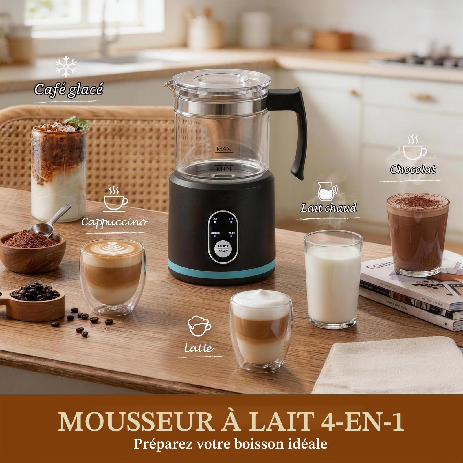 Mousseur à Lait Électrique 4 en 1 Chauffe Lait Chaud et Froid Emulsionneur de Lait Divisé en Verre Silencieux Mousseur de Lait Automatique pour Latte Cappuccino, Chocolat Chaud, Lait Chaud