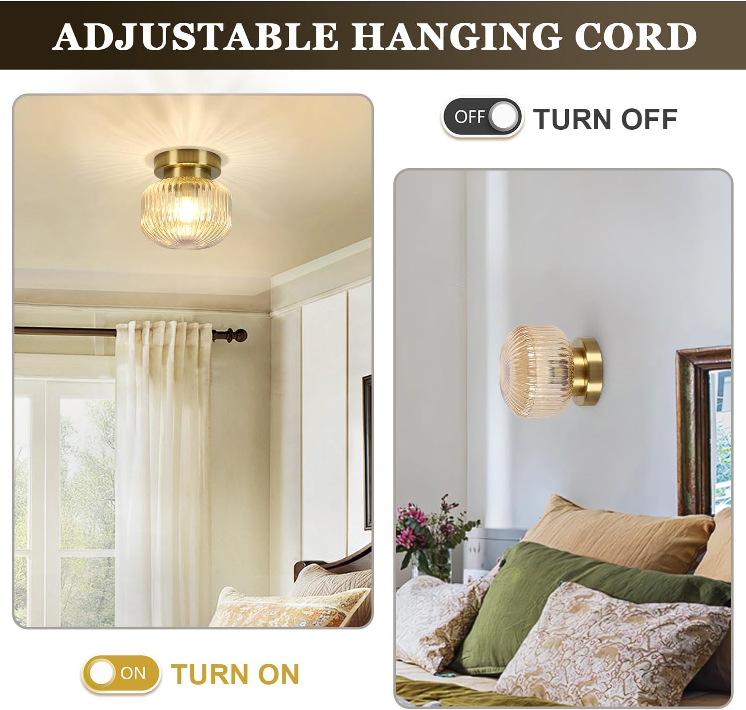 KCO Lighting Amber Glass Flush Mount Ceiling Light Mid Century Modern Ceiling Lamp Brass Gold Ceiling Light Small Hallway Light Fixtures Globe Flush Mount Light