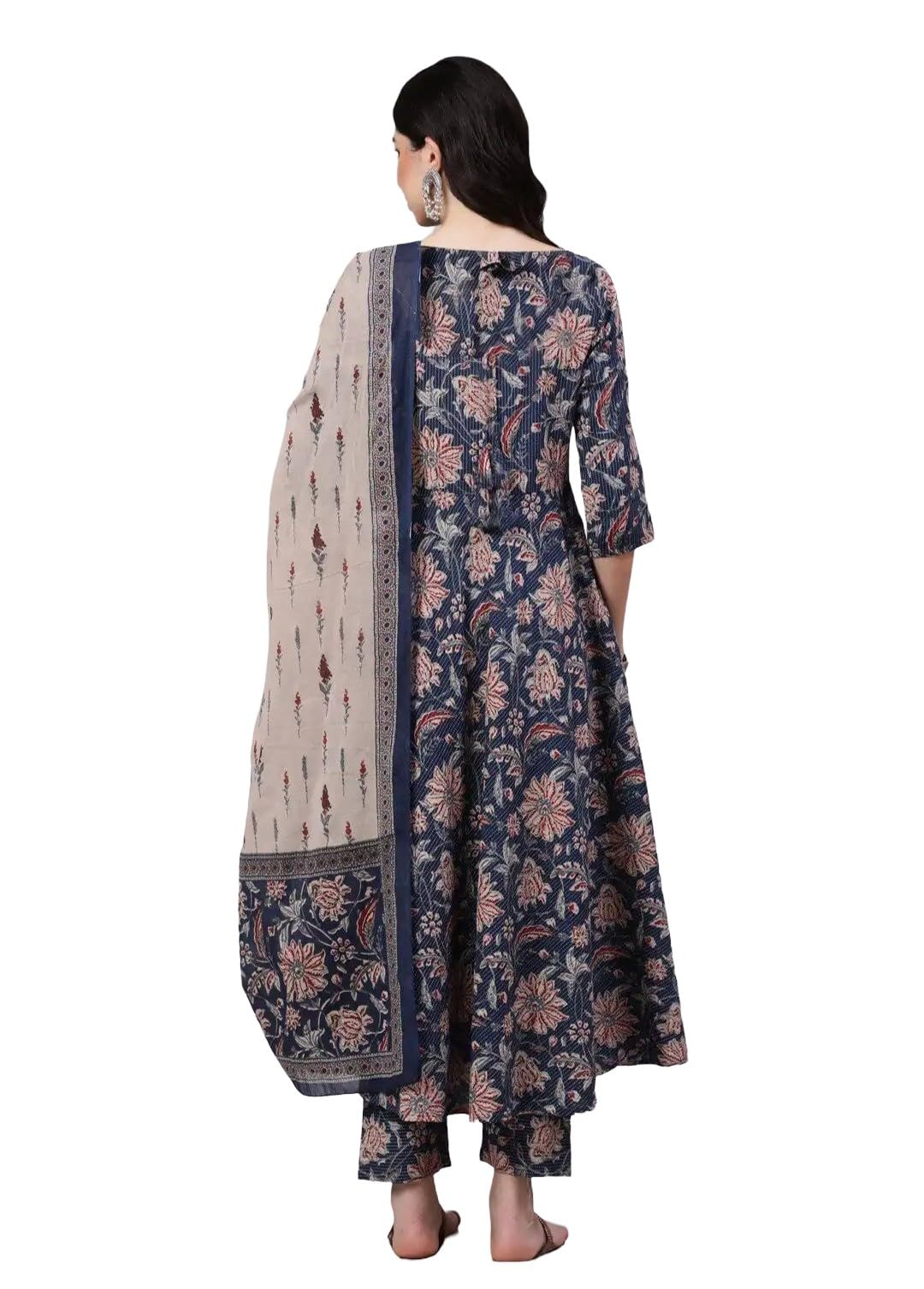 Women Printed Anarkali Kurta Set with Dupatta, Navy Blue and Beige Floral Design