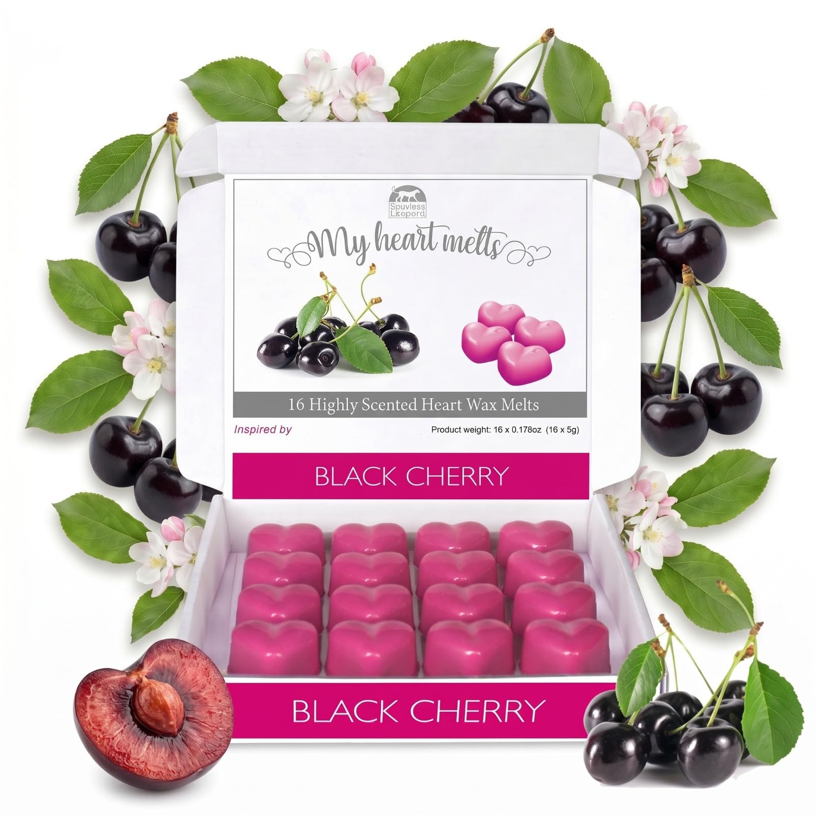 Black Cherry Wax Melts; 16 x 6g Heart Shaped Black Cherry Scented Soy Wax Melts, Orange, Iris and Sandalwood, ECO Gift Box, Pet Friendly, Cruelty Free by Spotless Leopard