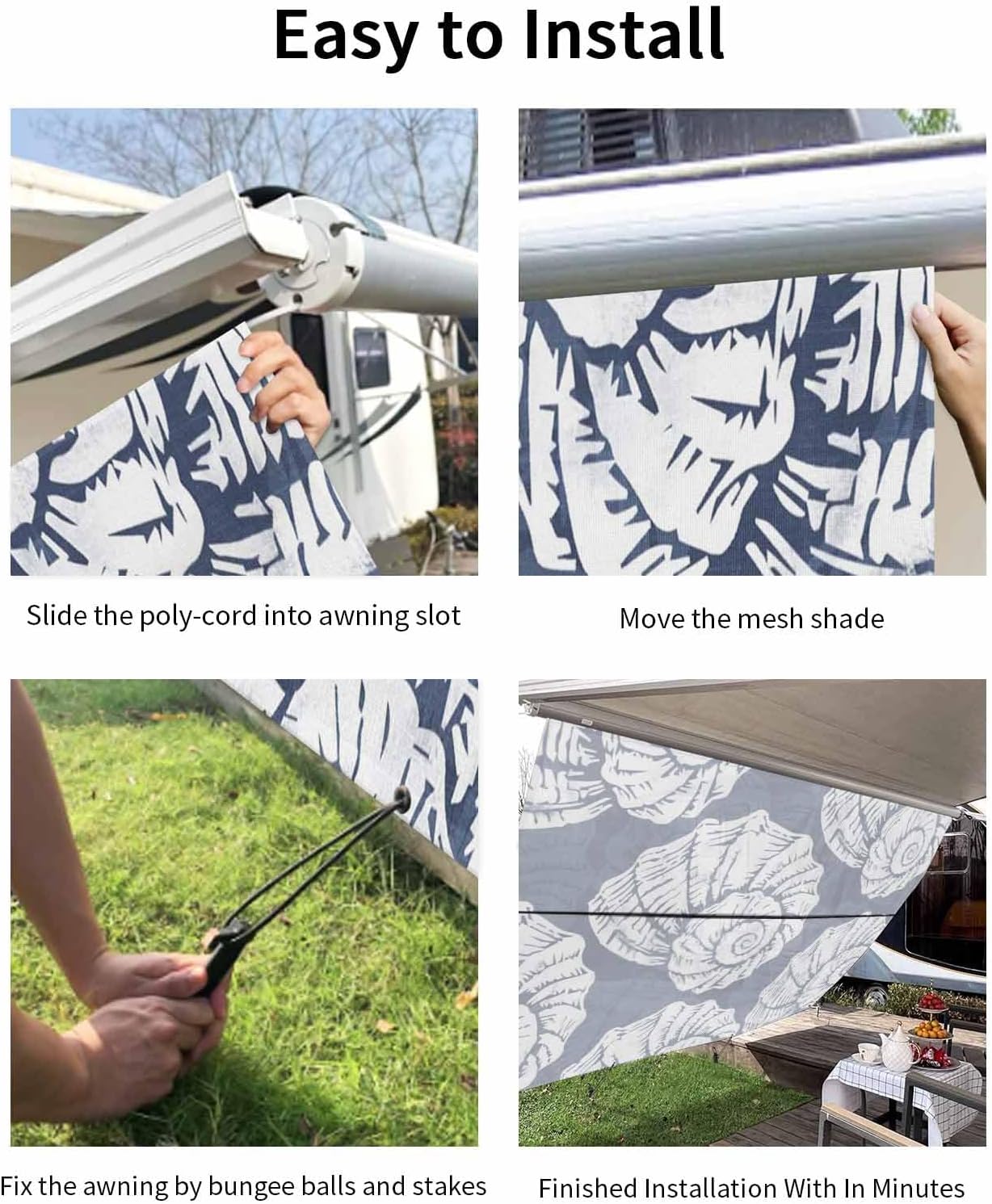 Navy Blue Conch RV Awning Sun Shade Screen with Zipper 9'x13.5' Coastal Summer Ocean Beach Nautical Modern Mesh Sunshade UV Blocker Awning Shade Complete Kits for Motorhome Camper Travel Canopy