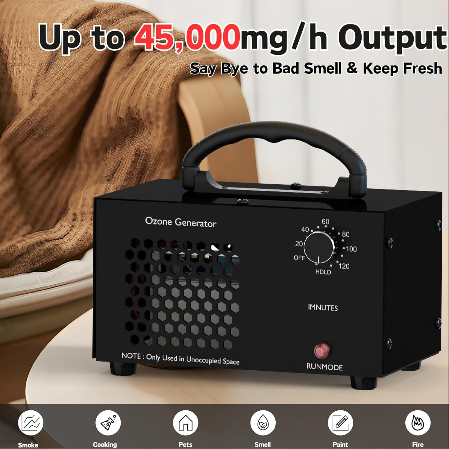 Ozone Generator 45000mg/h Ozone Machine Odor Removal Whole House Odor Eliminator for Areas for 2500 sq.ft Industrial Air Ionizer Commercial Ozonator for Home Basement Car Smoke (Black)