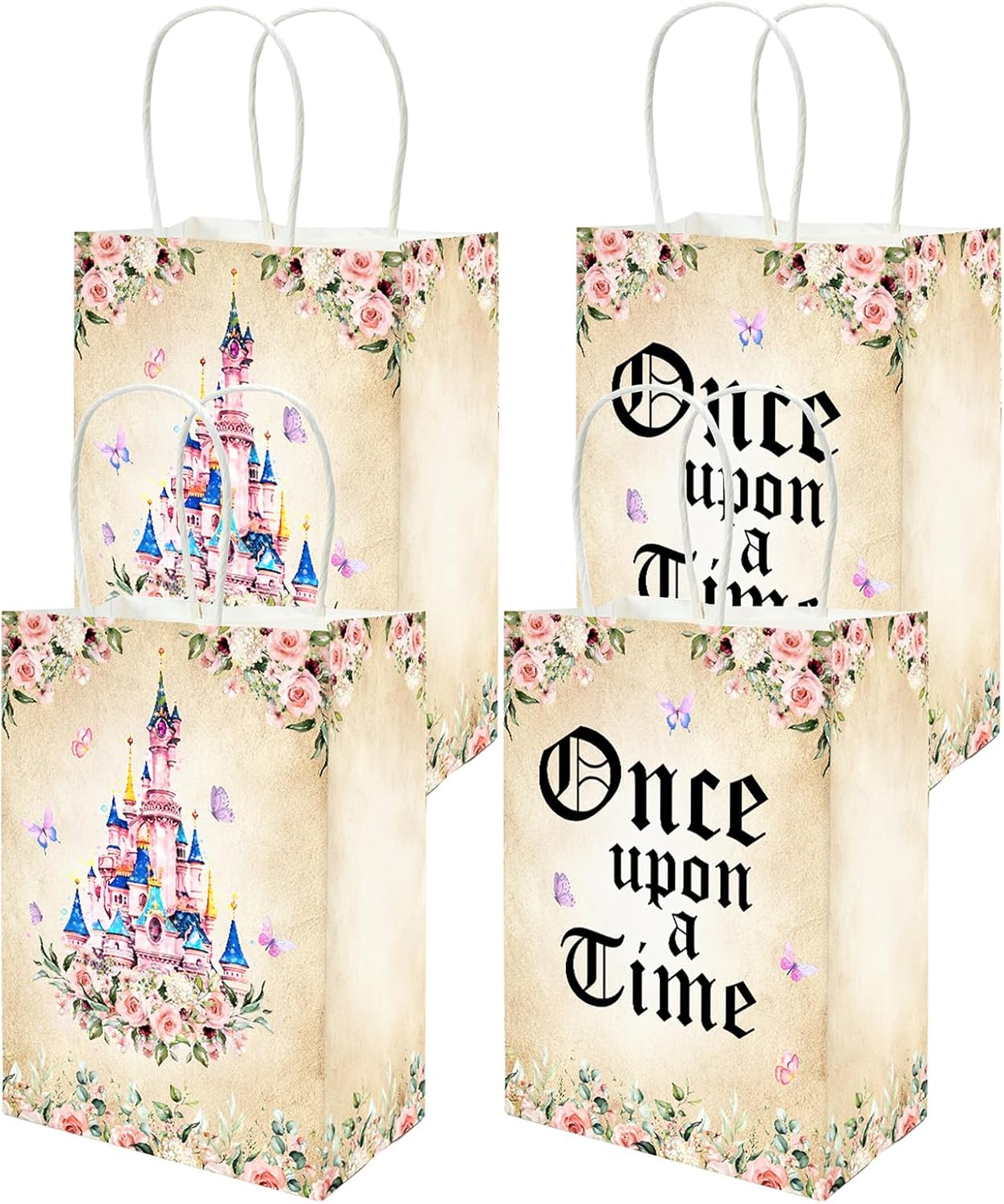 Lofaris Gift Wrap Bags 16 Pcs - Once Upon a Time Fairy Tale Design, Pink Castle & Floral Party Favor Bags with Handles, Goodie Bags for Birthday, Baby Shower, Wedding