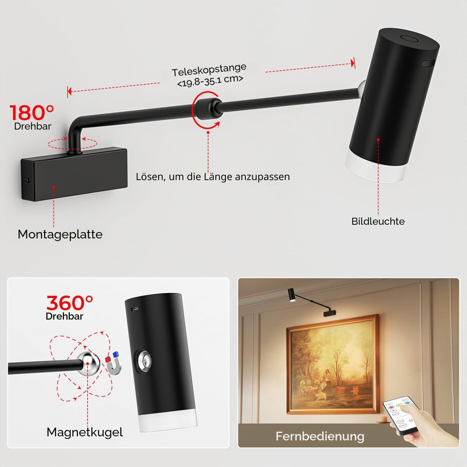 LABOREDUCER Bilderleuchte Kabellos mit Fernbedienung,Aufladbare Akku Schwarz Bildbeleuchtung Kabellos LED Einstellbar Länge Dart Beleuchtung Batterie mit Dimmbar Timer Drahtlos Bild Licht