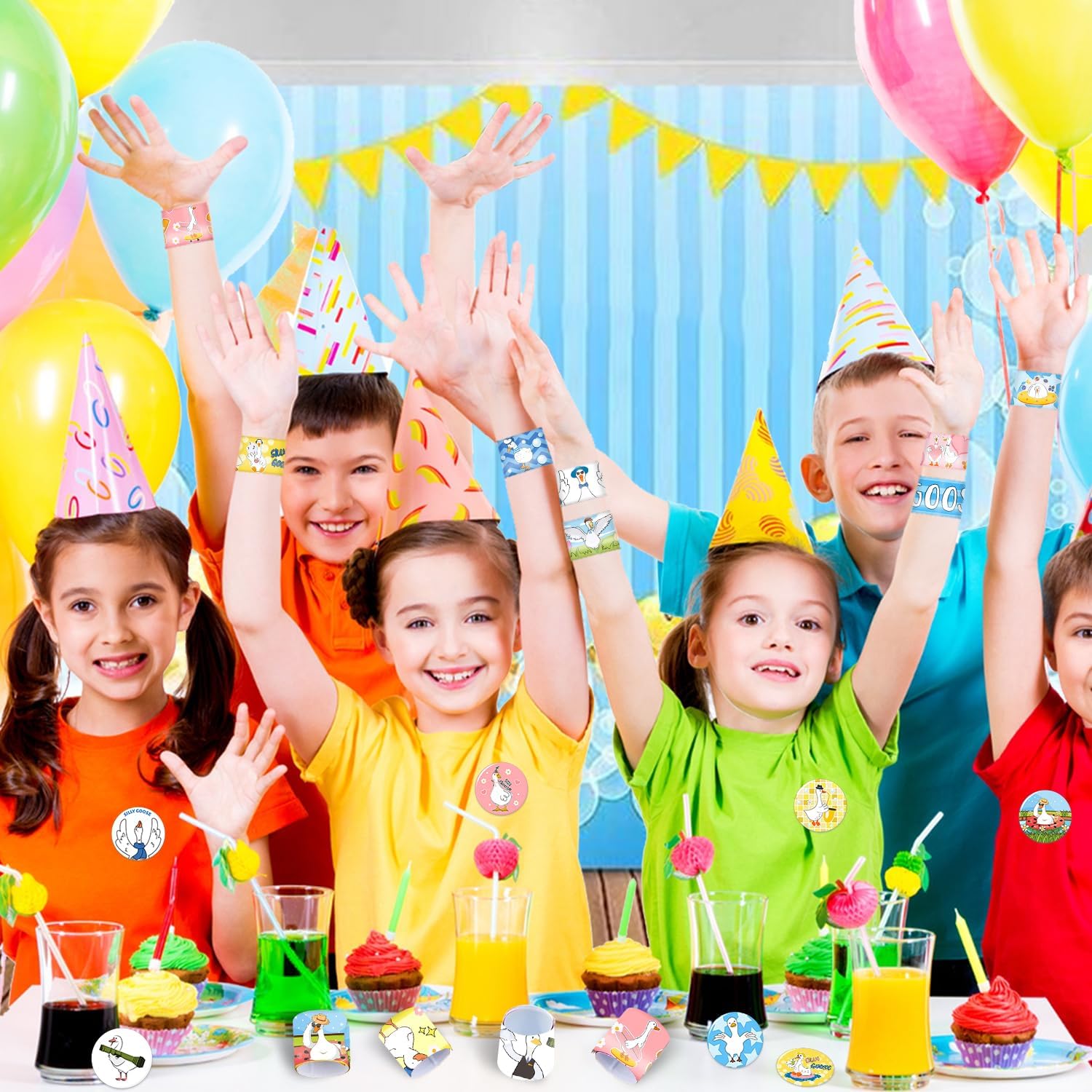 48 PCS Silly Goose Party Favors, 24 PCS Funny Silly Goose Slap Bracelets Wristbands 24 PCS Silly Goose Badges Pins Silly Goose Birthday Party Decorations Supplies for Classroom Rewards